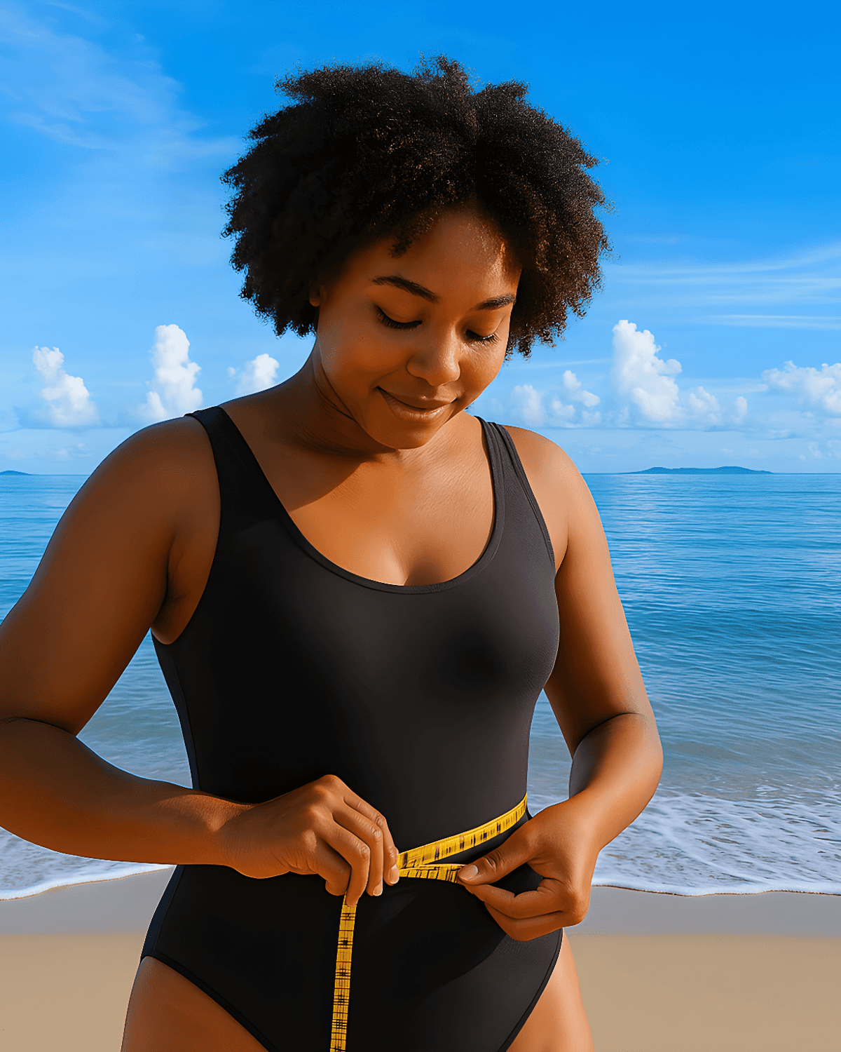 A woman in a black swimsuit measuring her waist