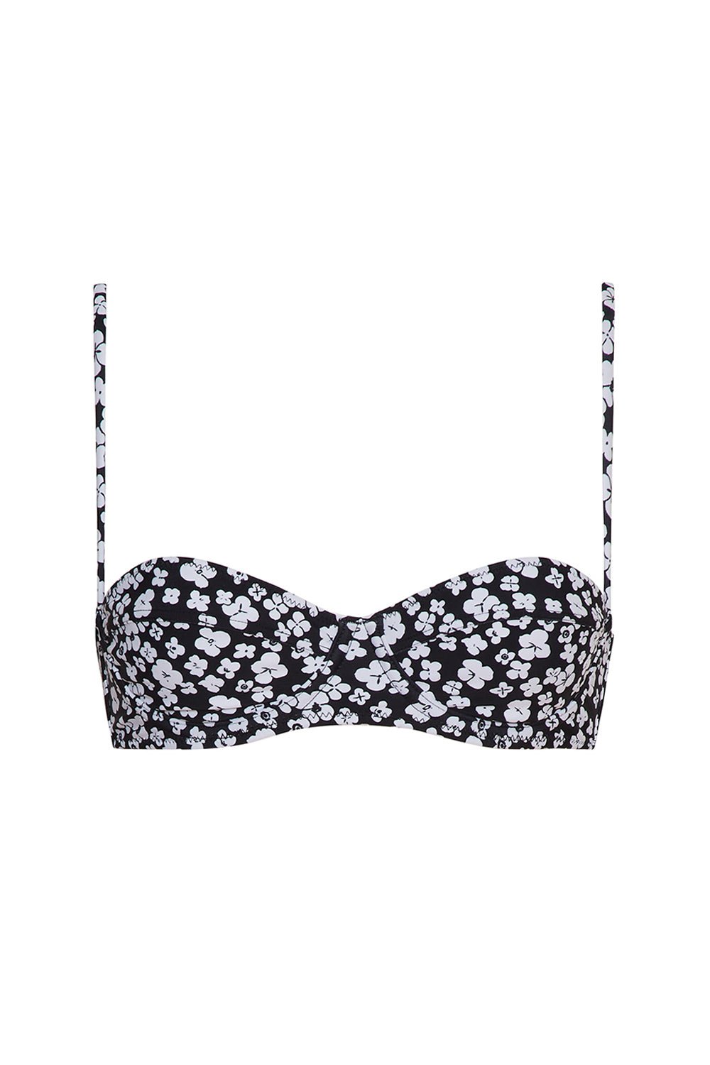 Coco Top in Flora, a balconette bikini top with thin straps in black with white flowers