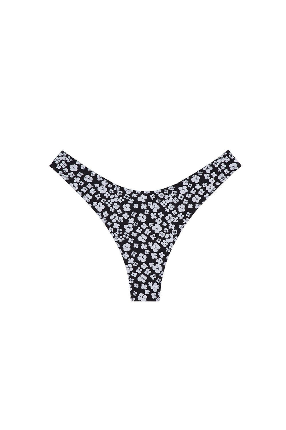 Curve Bottom in Flora, a high-cut V-front bikini bottom in black with white flowers