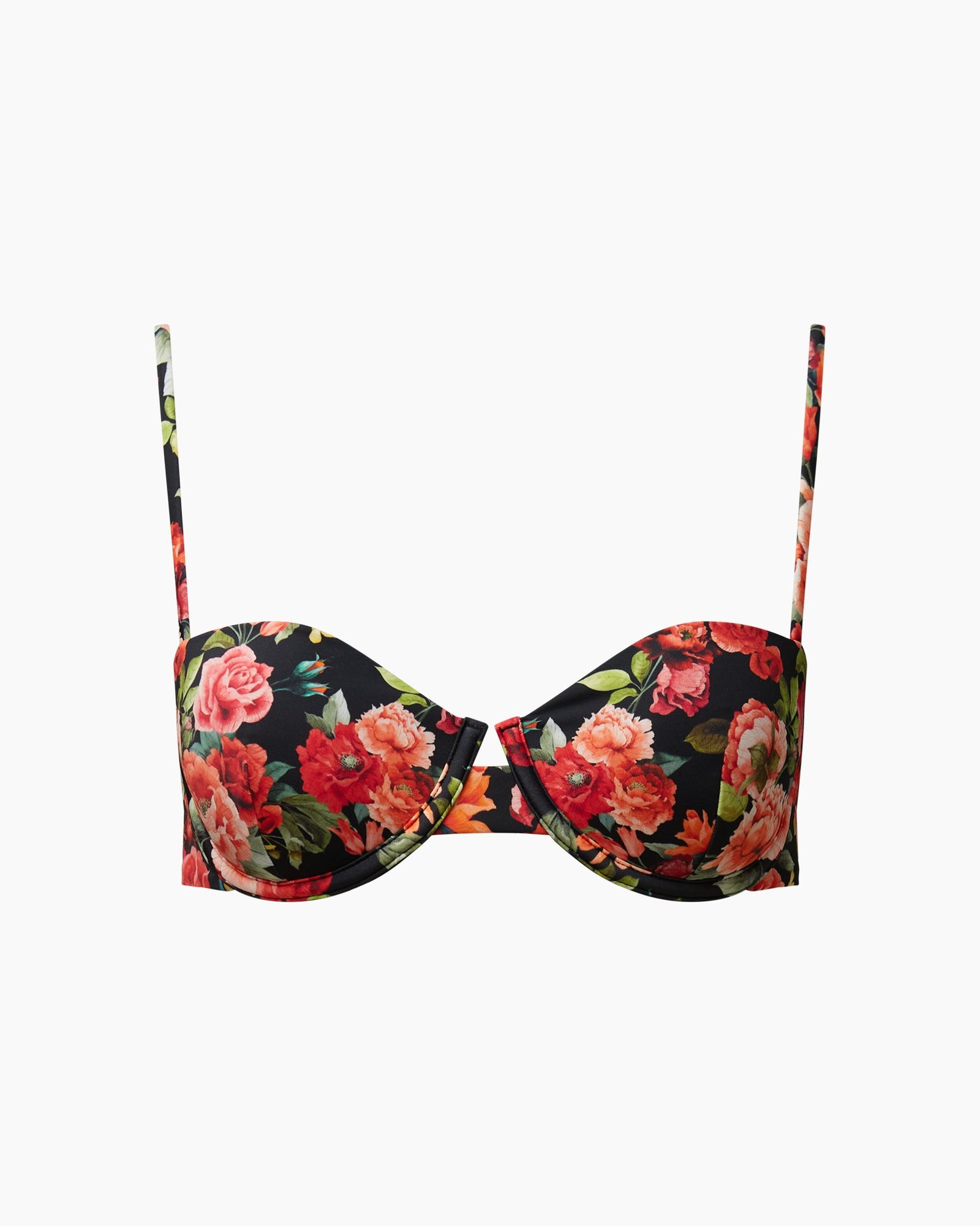 Dalia Top in Black Multi, a black underwire balconette bikini top with red and pink roses