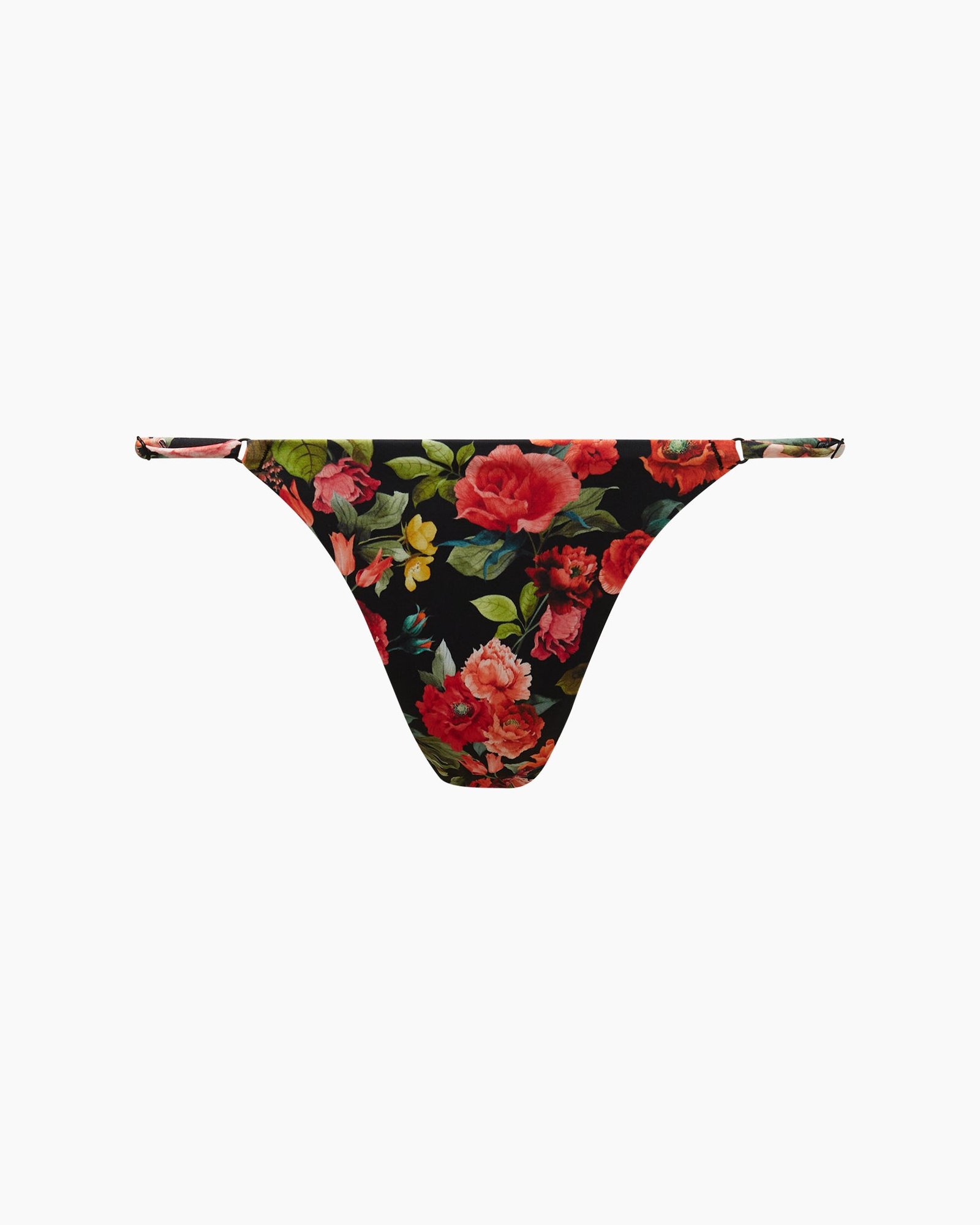 Hannah Bottom in Black Multi, a black string bikini bottom with red and pink roses