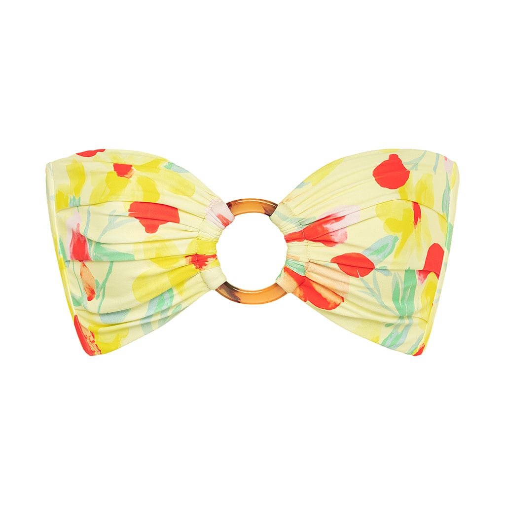 Tori Bandeau Top in Helena Floral, a pale yellow bandeau with red and orange flowers and a tortoiseshell ring