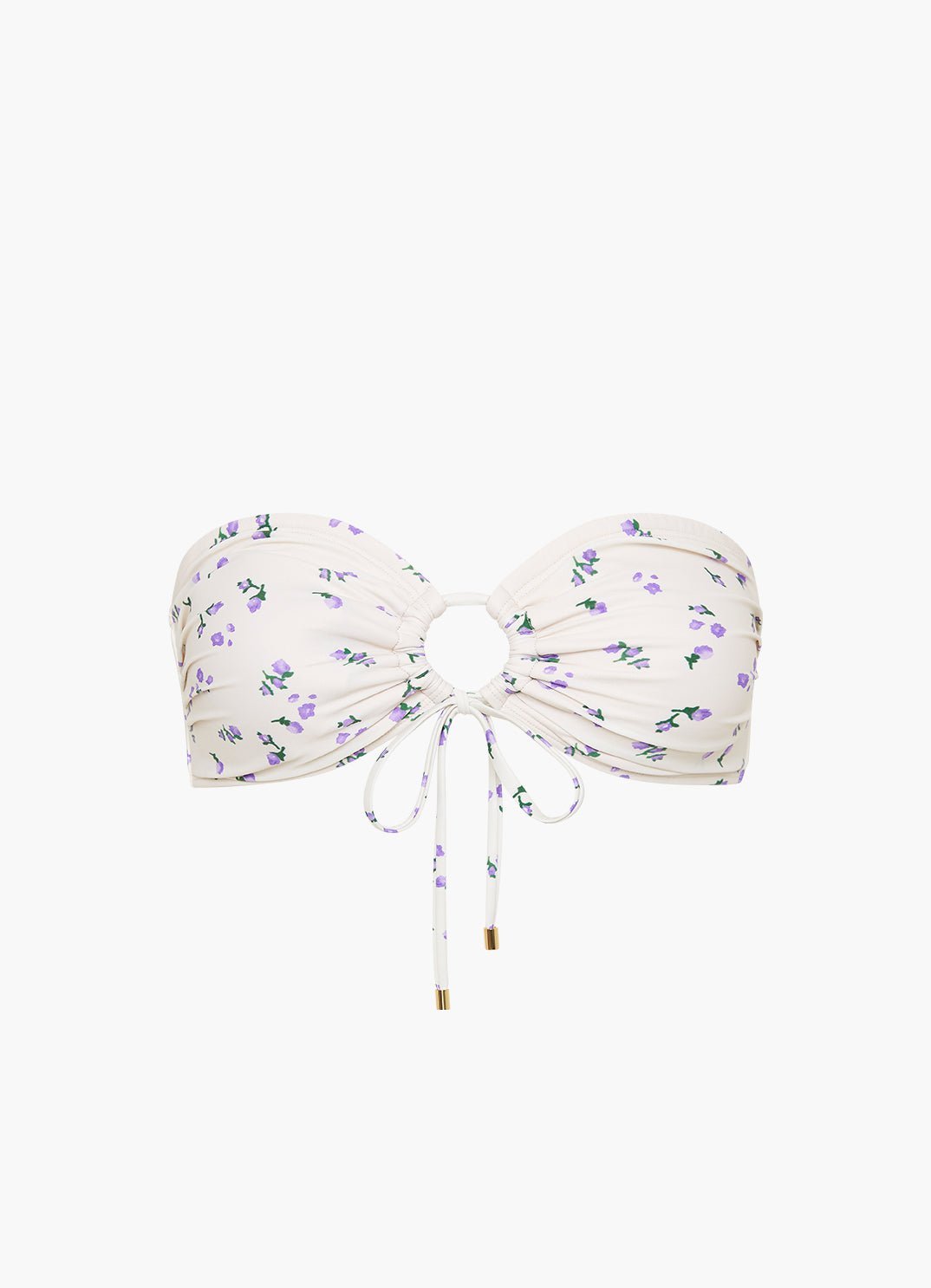 Pleated Bandeau in Lavender, a ruched white bandeau top with small lilac flowers and a ring-front tie