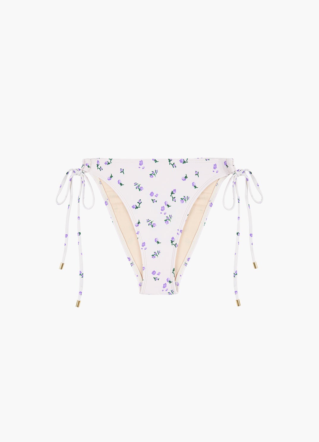 Tie Side Pant in Lavender, a white bikini bottom with small lilac flowers and gold-tipped side ties