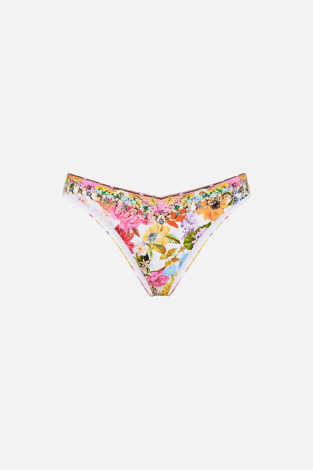 Camilla V High Leg Pant in Sunlight Symphony, a white floral bikini bottom with a crystal-trimmed V waistband