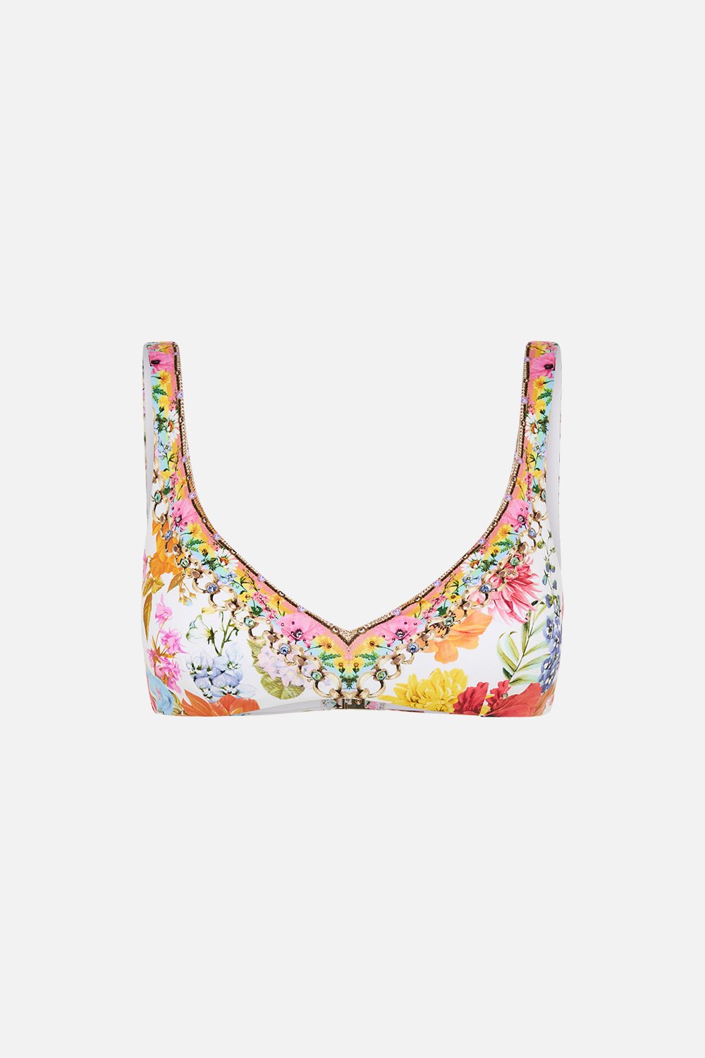 Camilla V Neck Bra With Bust Darts in Sunlight Symphony, a white floral bralette top with a crystal-trimmed V neckline