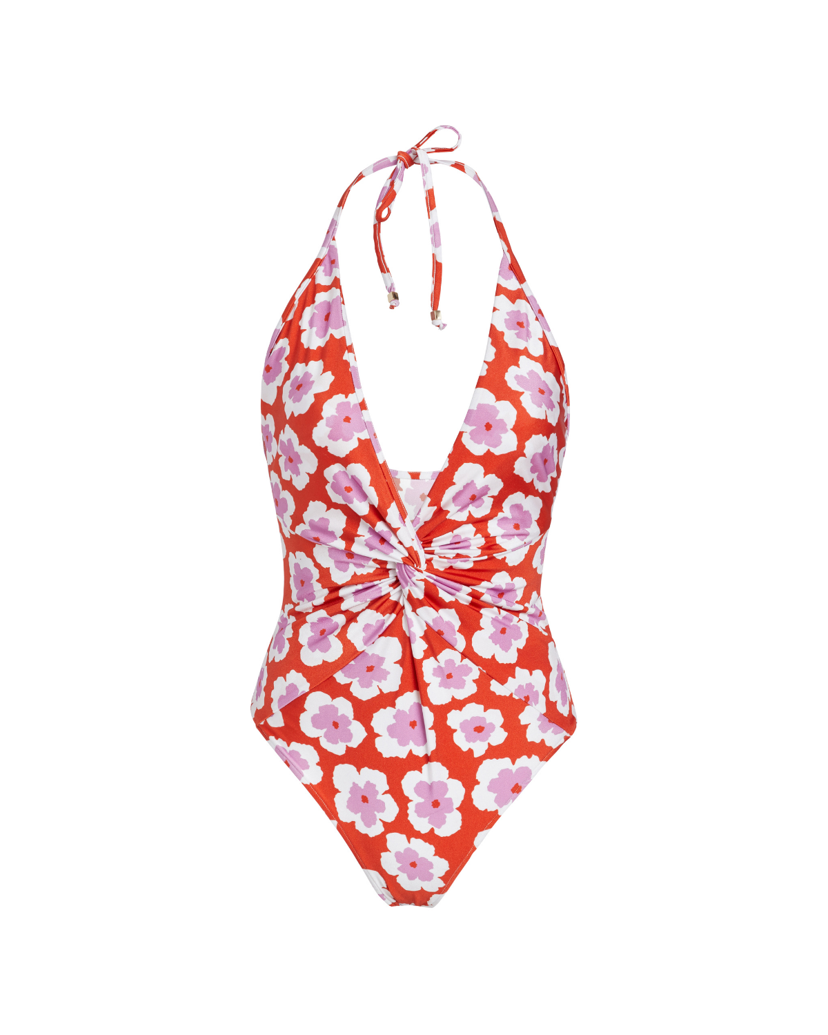 Windflower Plunge Swimsuit in red with pink and white flowers, a halter one-piece with a deep plunge
