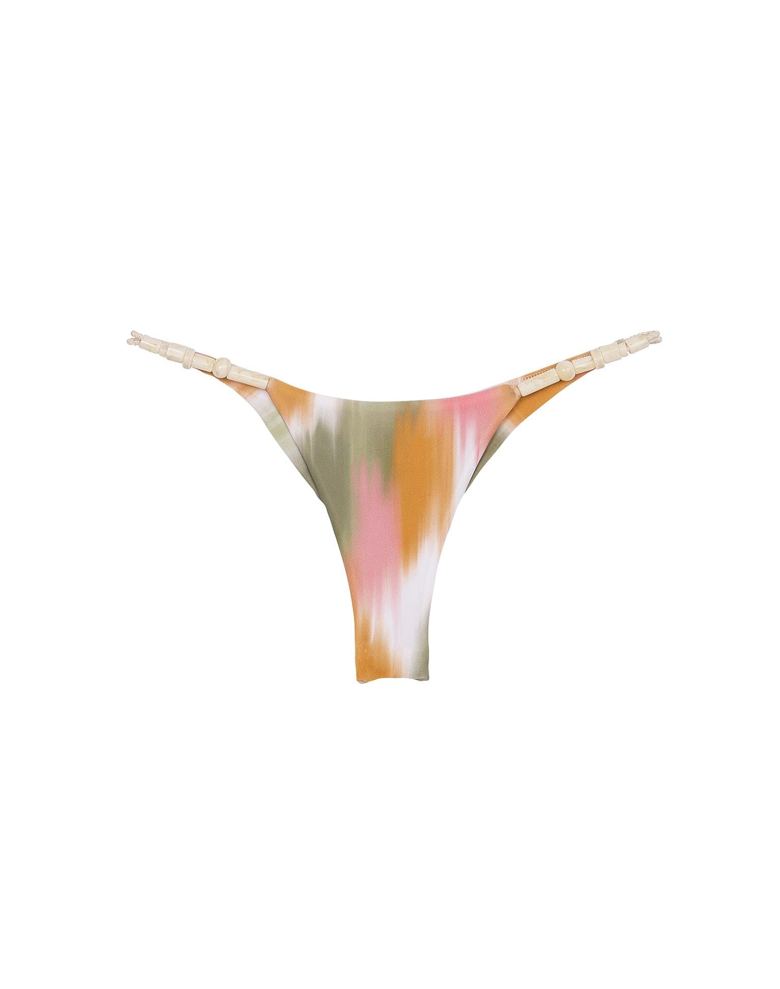 Zene Detail Bottom in Duala, a pink, green and ochre watercolour string bottom with beaded sides