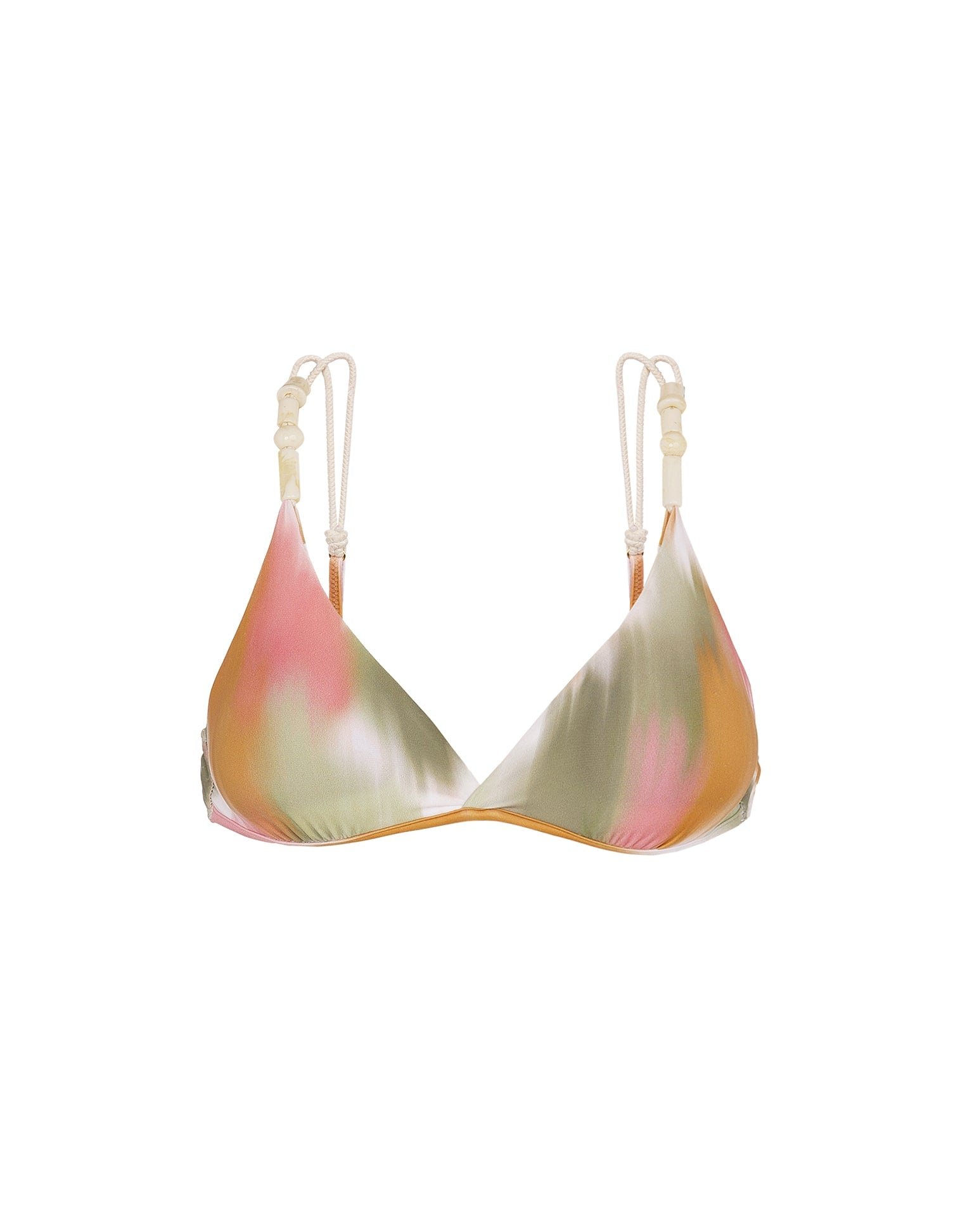 Zene Kira Top in Duala, a pink, green and ochre watercolour triangle bikini top with beaded straps