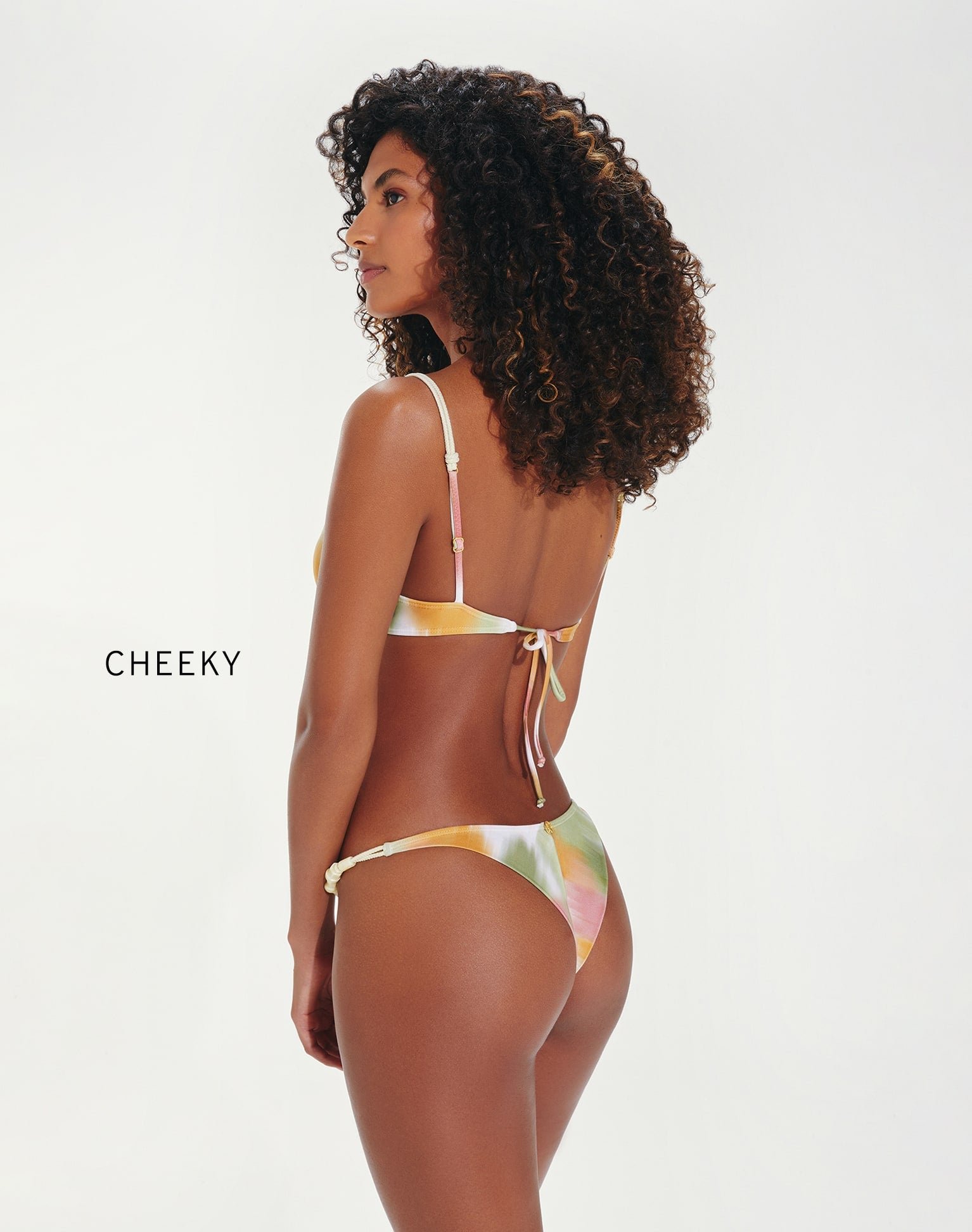 Back of the Zene Kira Top and Detail Bottom in Duala, a watercolour bikini with a cheeky bottom