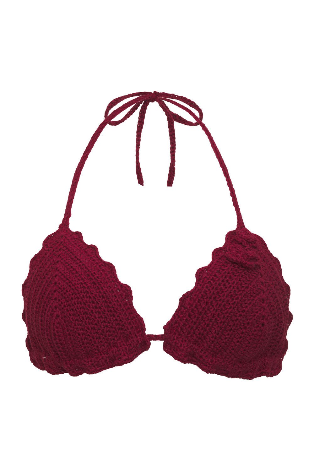 Chloe Triangle Crochet Top in Ruby, a deep red crochet halter triangle top with scalloped edges
