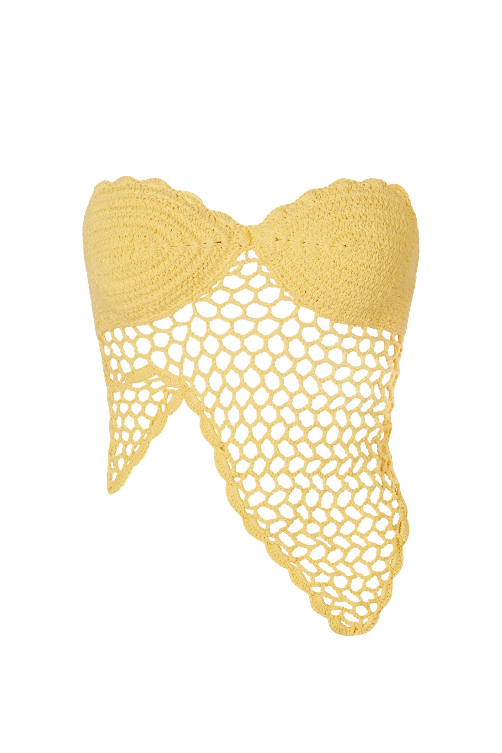 Coco Bustier in Lemon Sorbet: a yellow crochet strapless top with an open net hem
