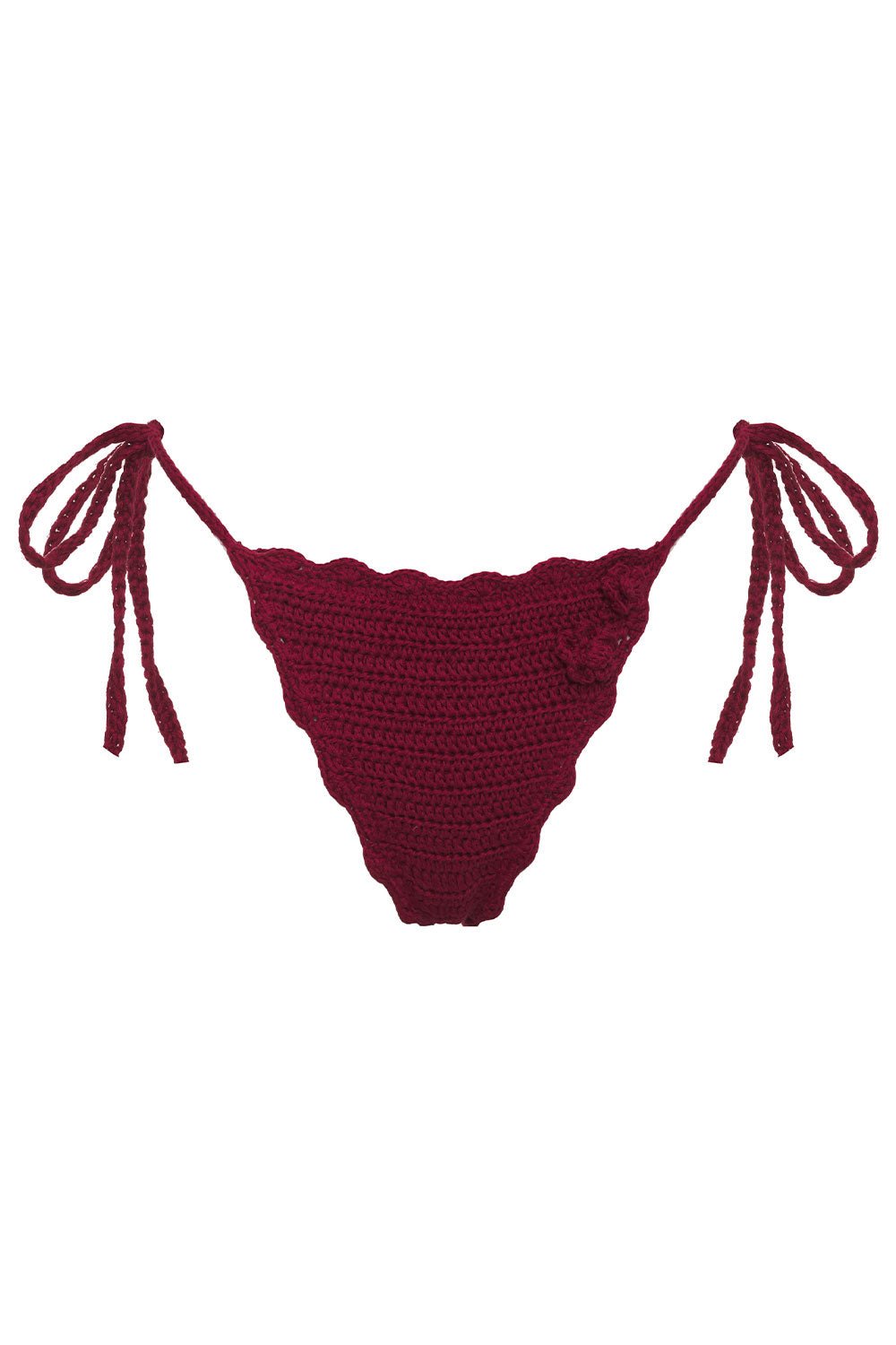 Mackenzie String Crochet Bottom in Ruby, a deep red crochet tie-side bottom with a small crochet flower