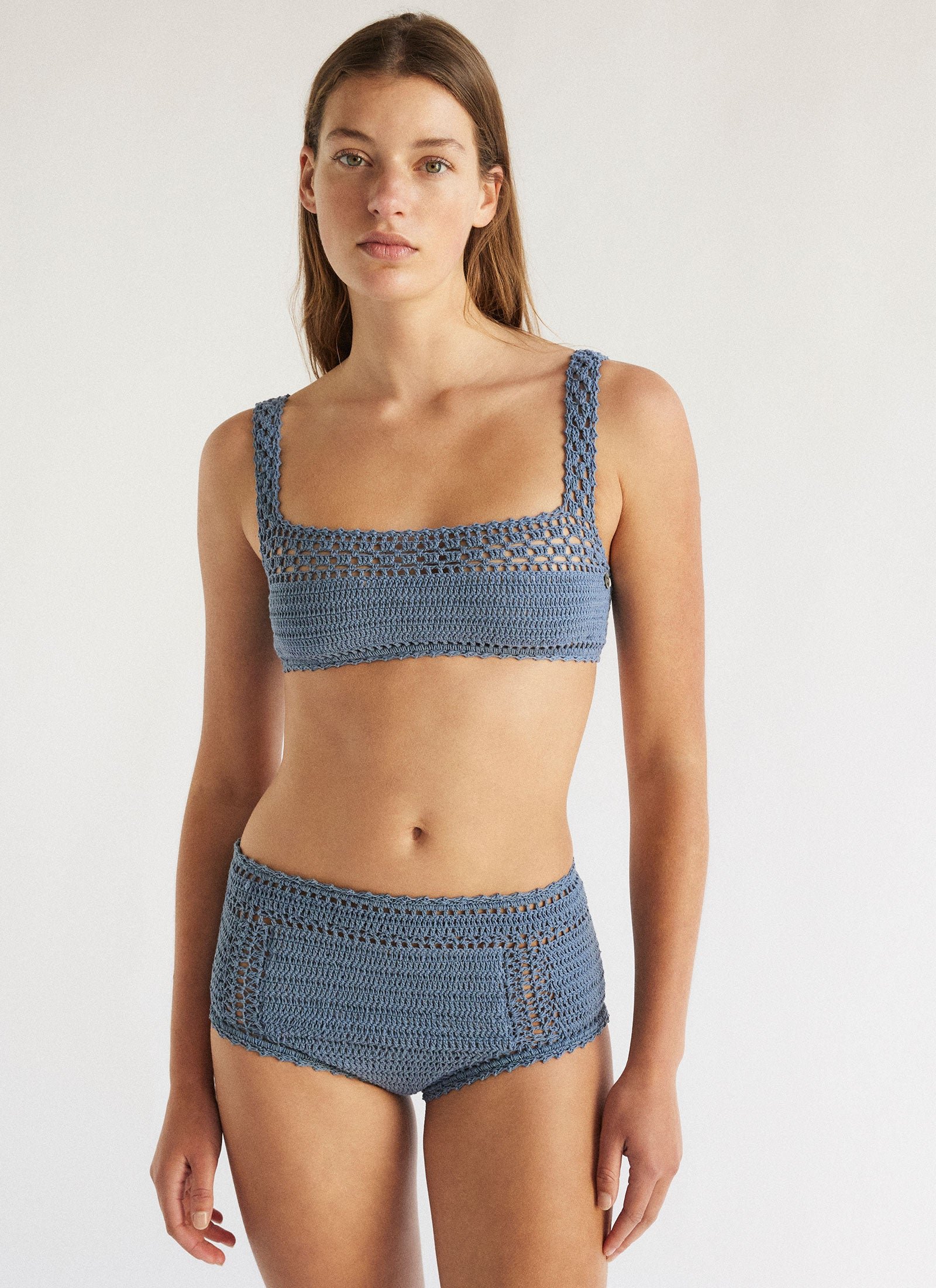 Naira Bikini in Dusk Blue: a blue crochet square-neck bralette with high-waisted crochet briefs