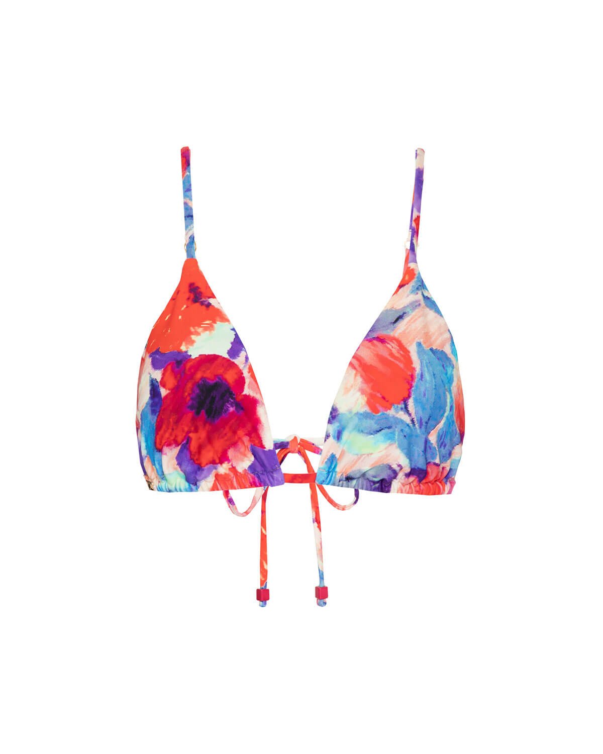 Violet String Bikini Top in a red, blue and purple watercolour floral print