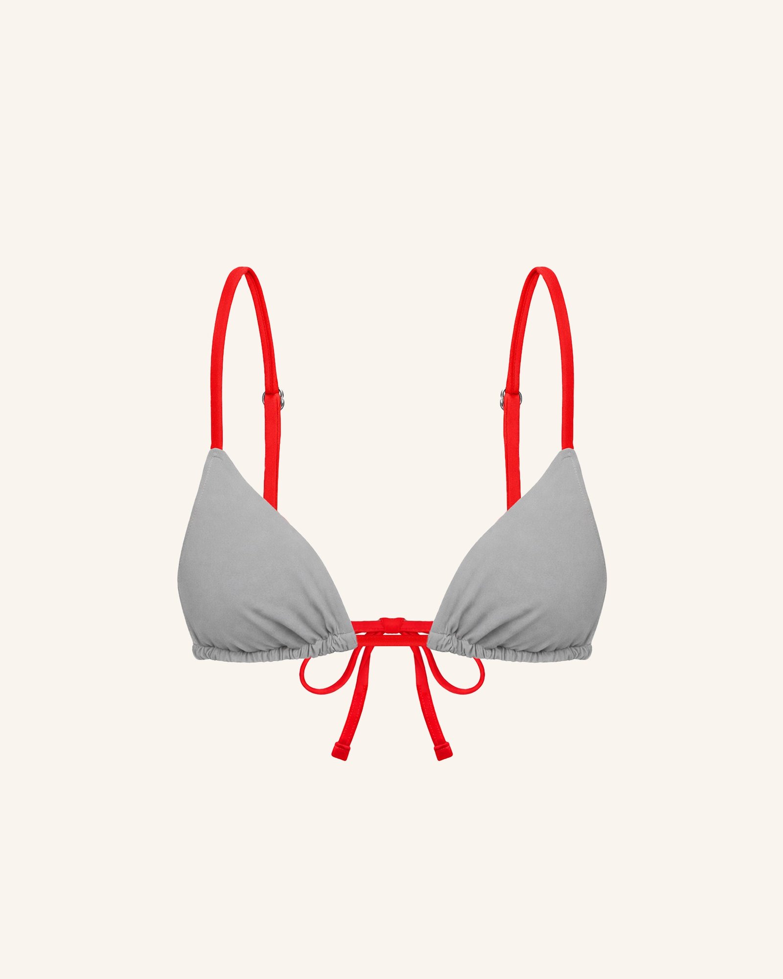 The Bare Triangle in grey with red straps and ties