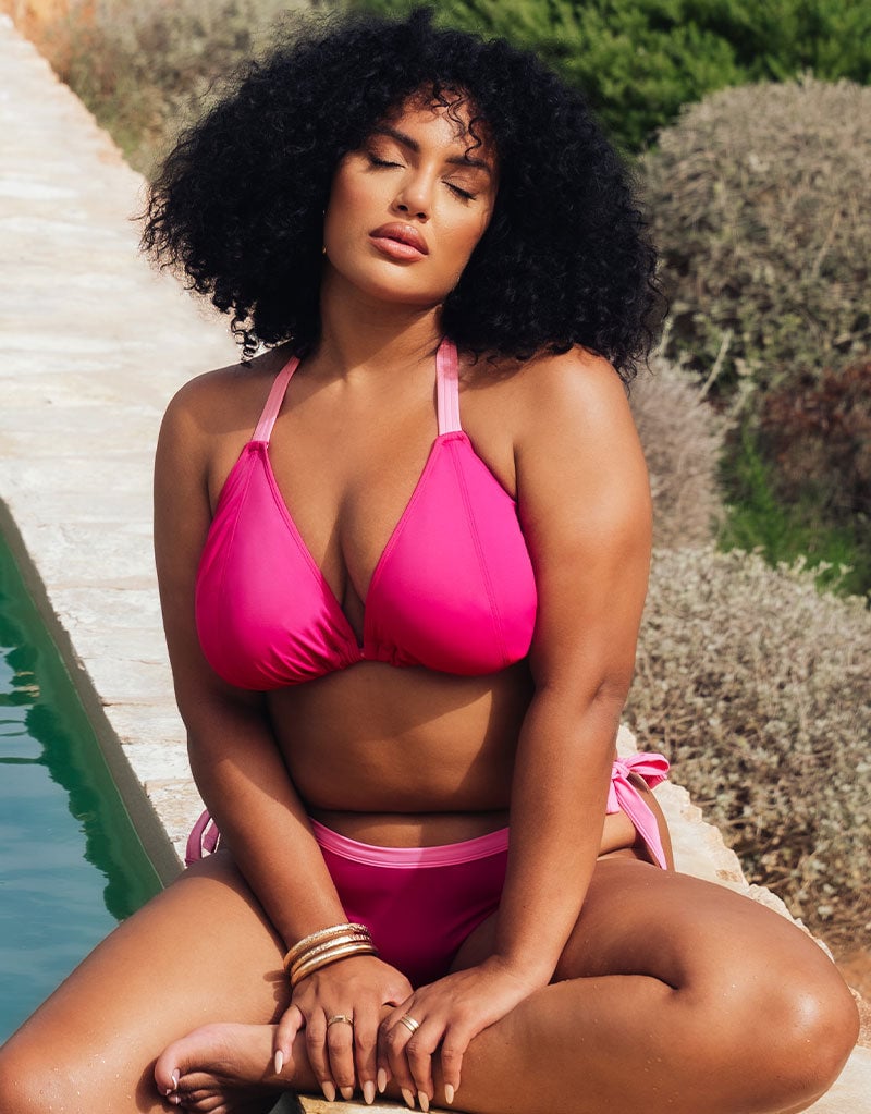 Curvy Kate Ibiza String Bikini Top and Brief in Pink in Hot pink, lifestyle editorial shot