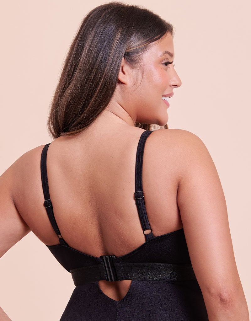 Curvy Kate Siren Seas Non-Wired Plunge Swimsuit in Black in Black with gold hardware, additional product shot