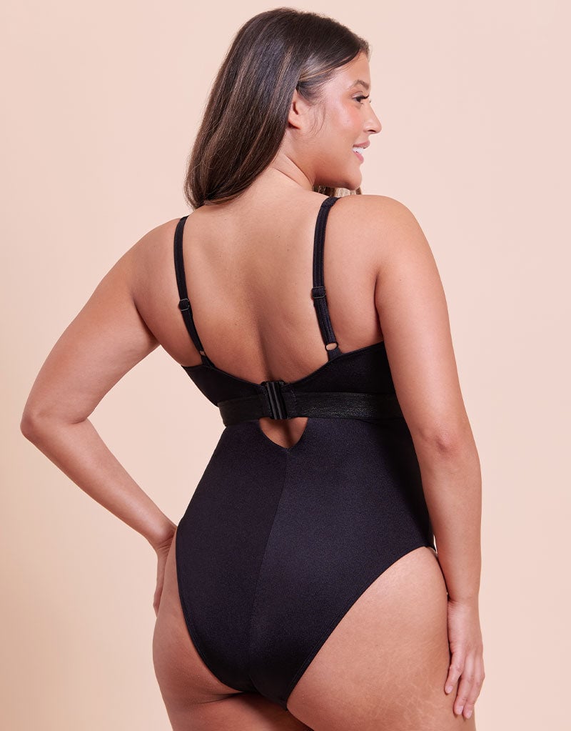 Curvy Kate Siren Seas Non-Wired Plunge Swimsuit in Black in Black with gold hardware, additional product shot