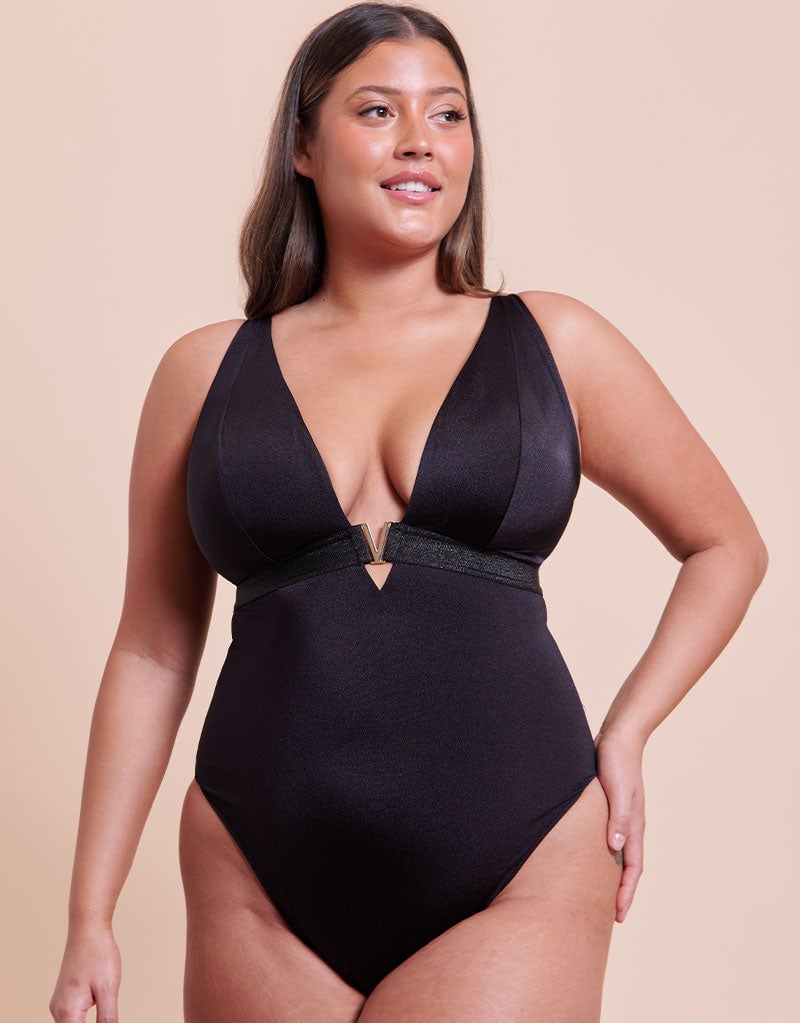 Curvy Kate Siren Seas Non-Wired Plunge Swimsuit in Black in Black with gold hardware, additional product shot