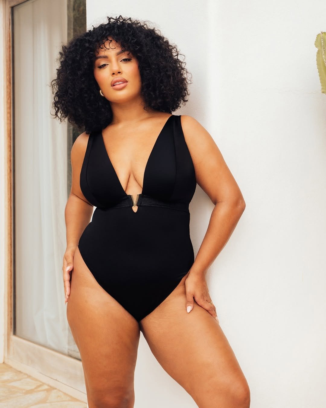 Curvy Kate Siren Seas Non-Wired Plunge Swimsuit in Black in Black with gold hardware, additional product shot