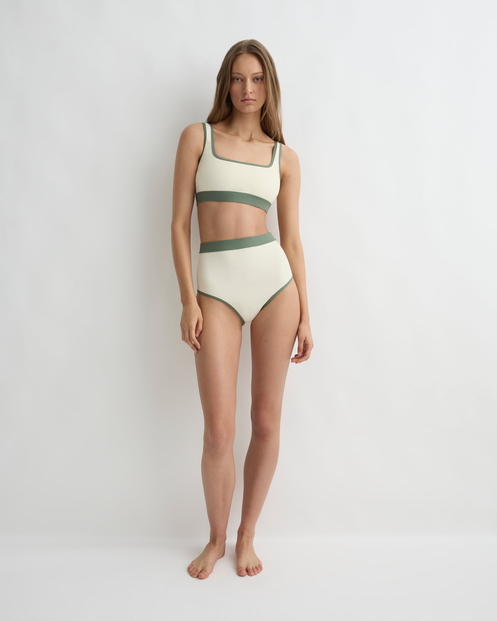 BONDI BORN Hayden Bikini Top and Jayde Bikini Bottom in Sage Sculpteur in Sage, lifestyle editorial shot
