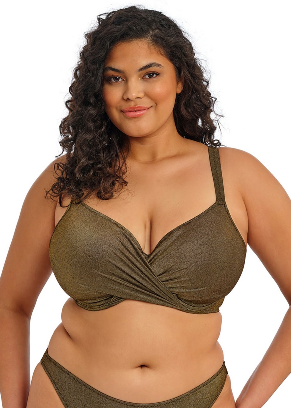 Elomi Sunset Shimmer Gold Rush Plunge Bikini Top and High Leg Brief in Sunset Shimmer Gold Rush metallic olive, additional product shot
