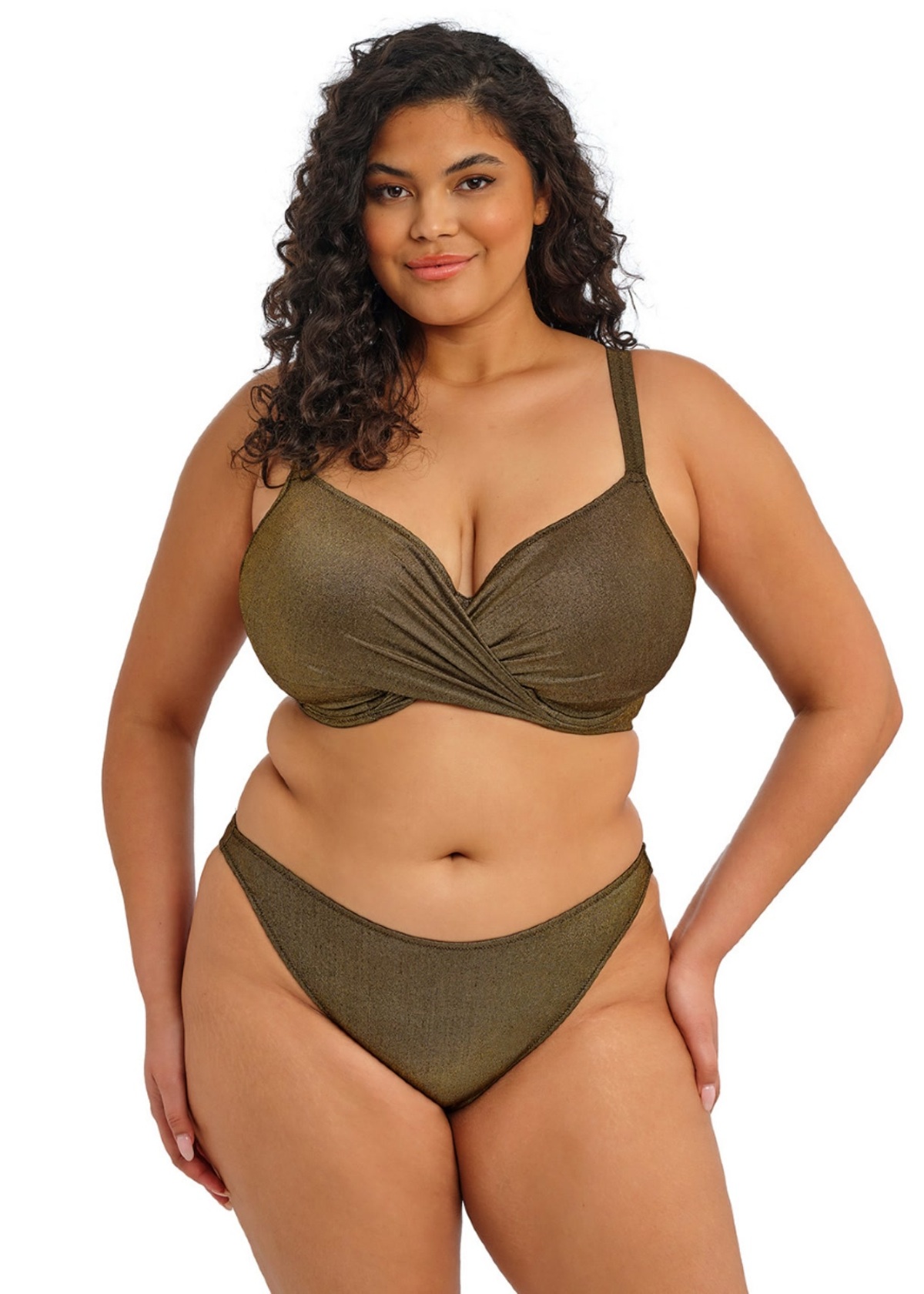 Elomi Sunset Shimmer Gold Rush Plunge Bikini Top and High Leg Brief in Sunset Shimmer Gold Rush metallic olive, additional product shot