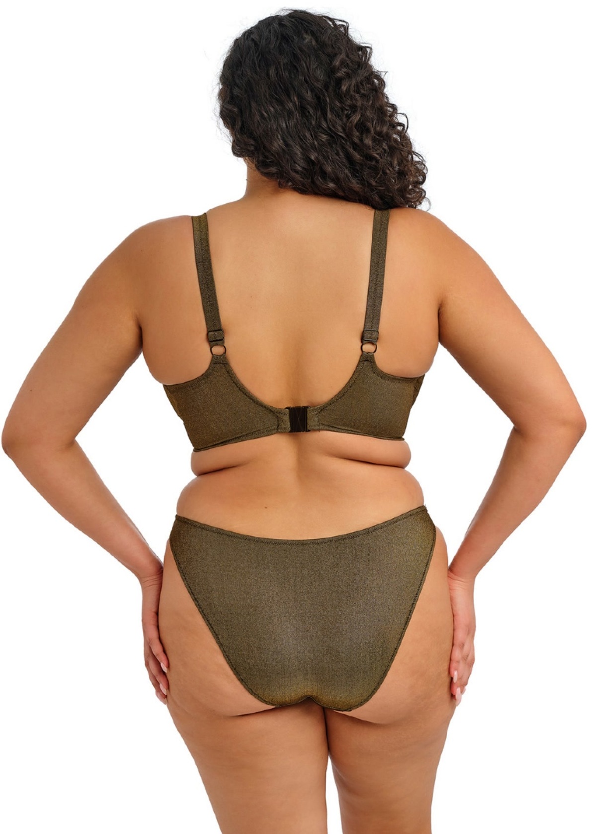Elomi Sunset Shimmer Gold Rush Plunge Bikini Top and High Leg Brief in Sunset Shimmer Gold Rush metallic olive, additional product shot