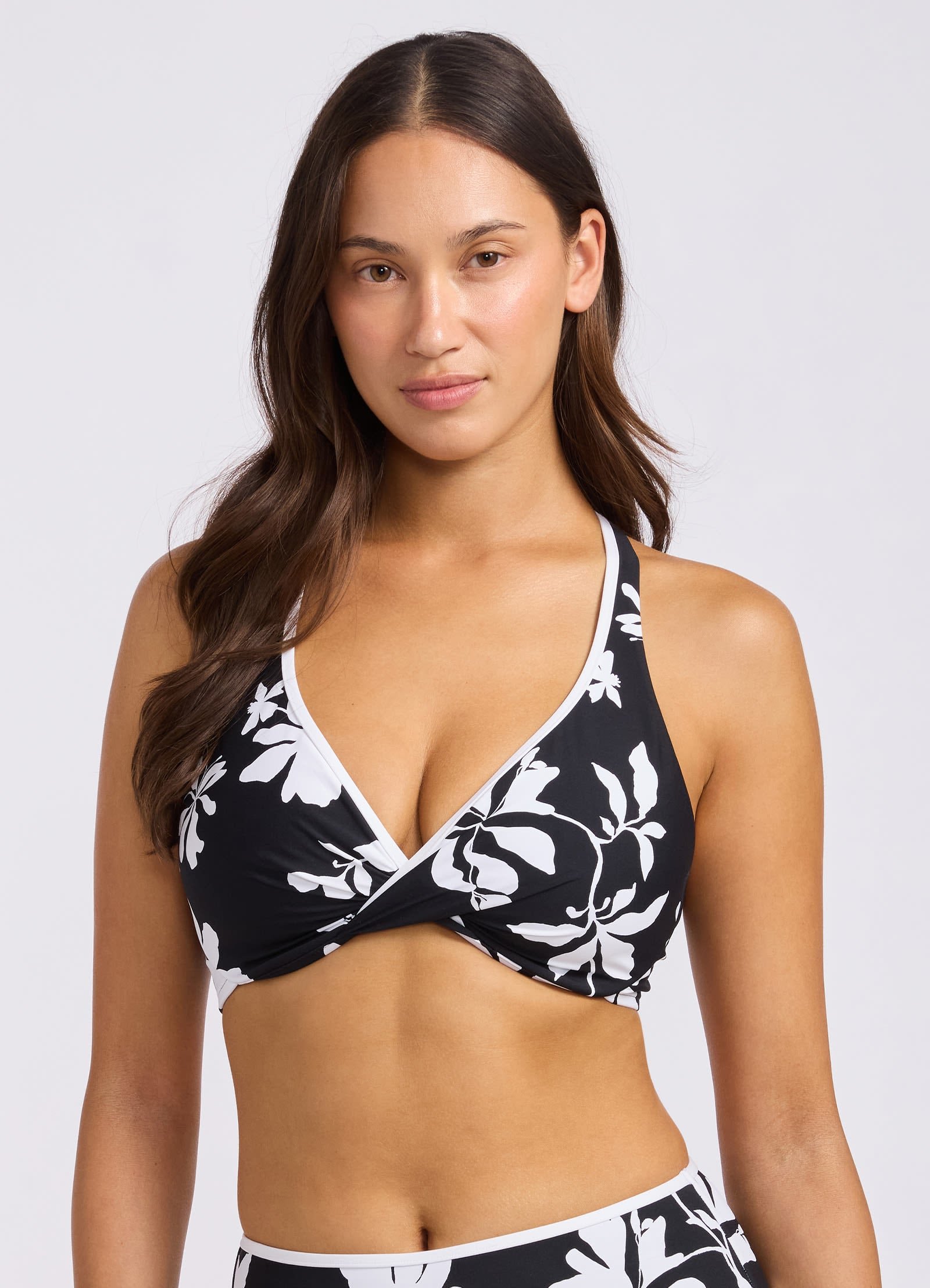 Seafolly Mayflower Wrap Front F Cup Bikini Top and High Waist Bottom in Black Floral in Black and white Mayflower floral, studio detail