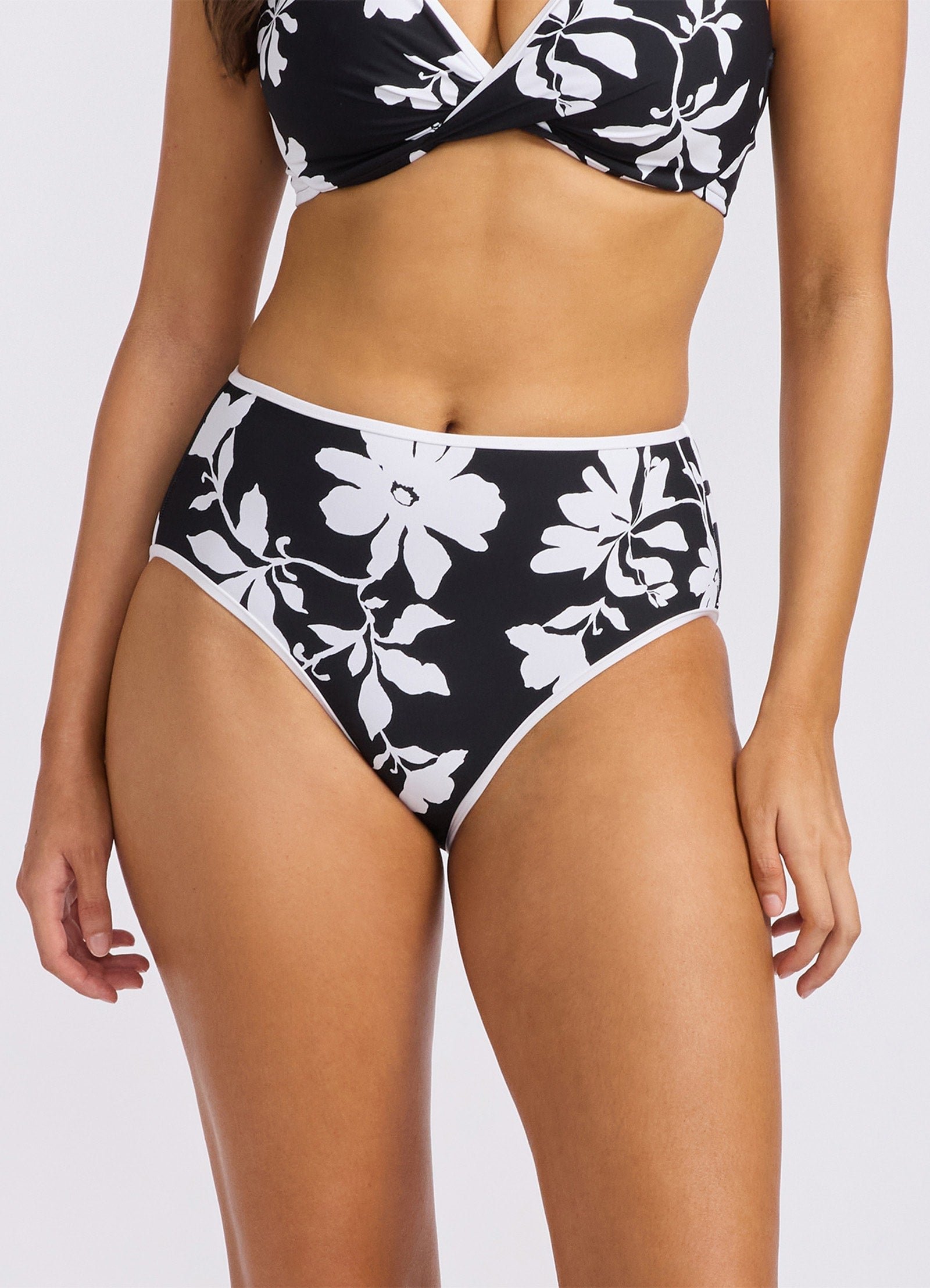 Seafolly Mayflower Wrap Front F Cup Bikini Top and High Waist Bottom in Black Floral in Black and white Mayflower floral, additional product shot