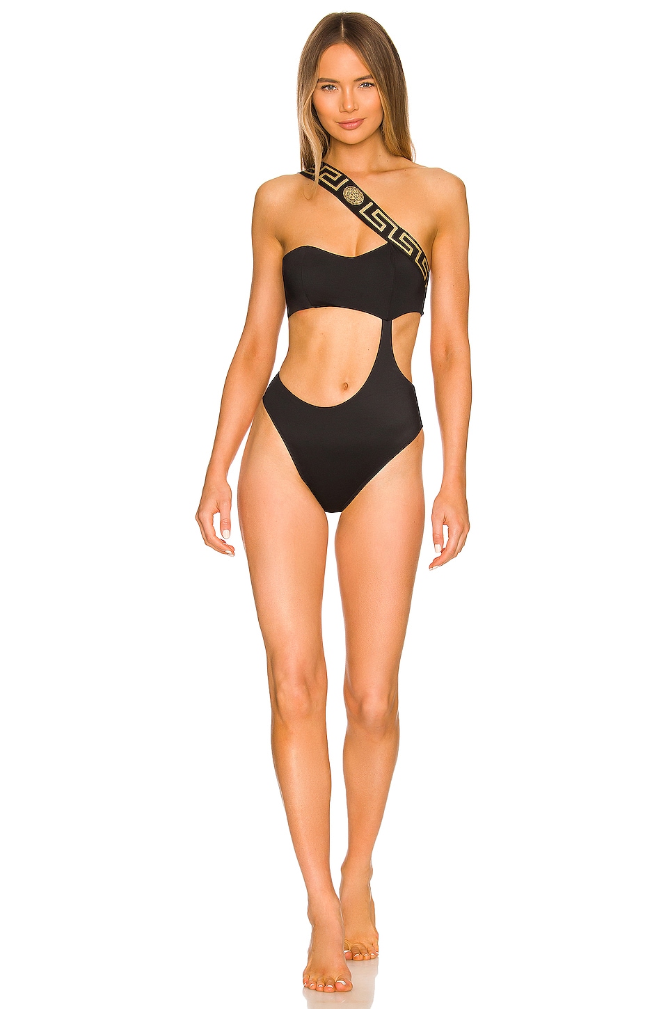 One Shoulder One Piece Swimsuit in Nero by Versace