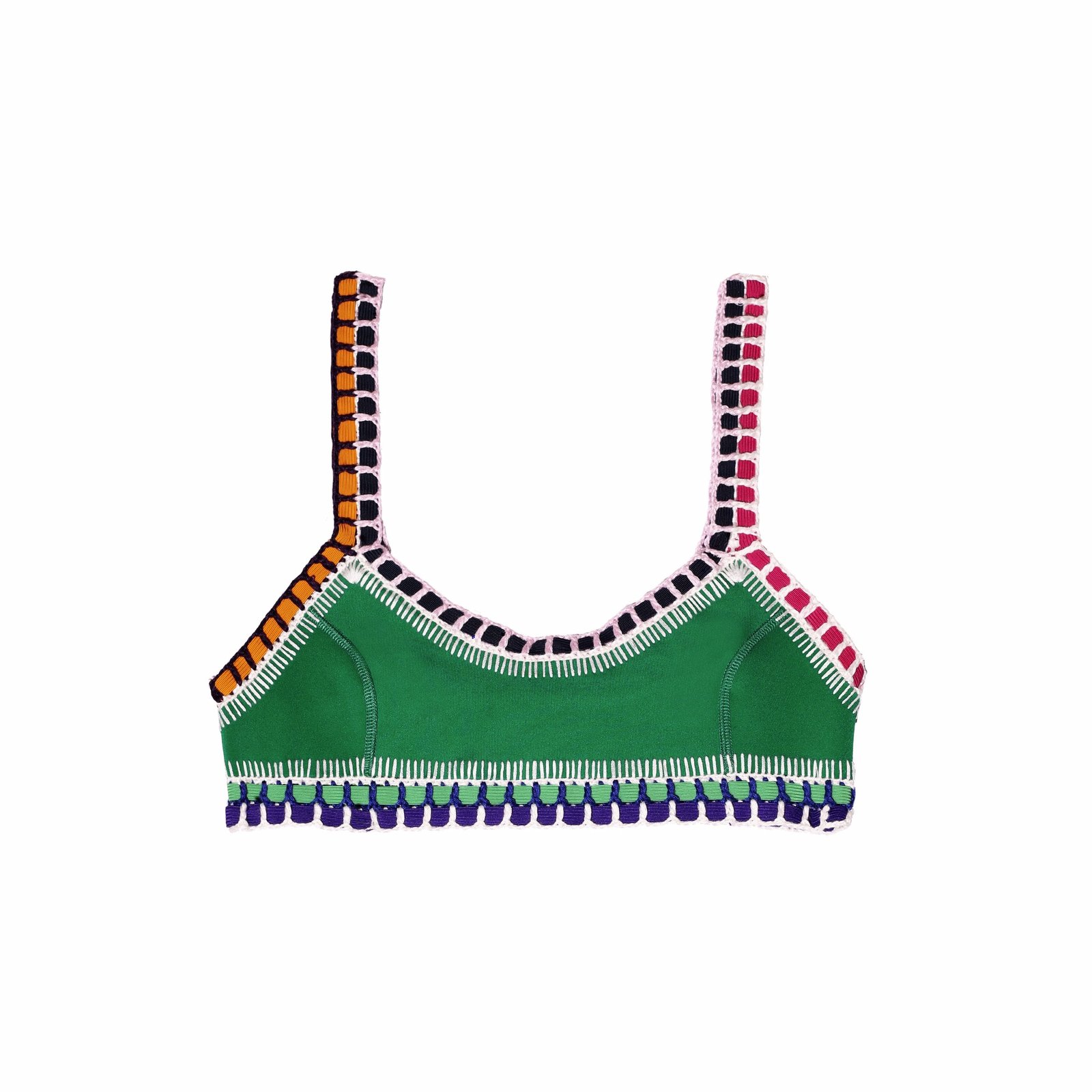 Clo Scoop Top in green with multicolour crochet trim