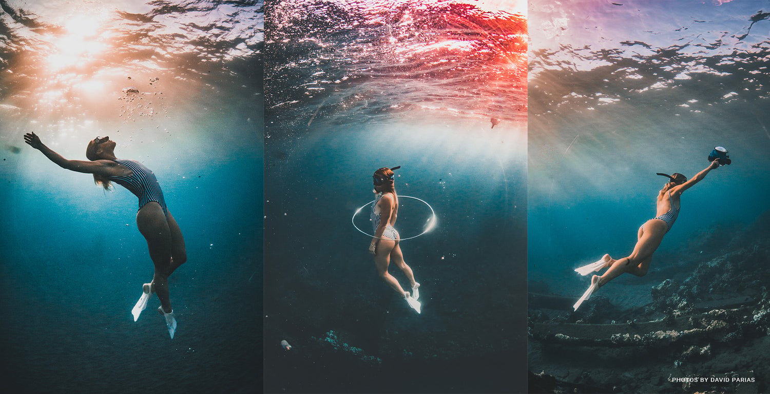 Three underwater shots by David Parias of a woman in a striped swimsuit swimming gracefully