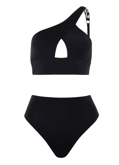 Maaji Ink Black Tamara One Shoulder Bikini Top and Maaji Ink Black Sully High Rise/High Leg Bikini Bottom from Maaji