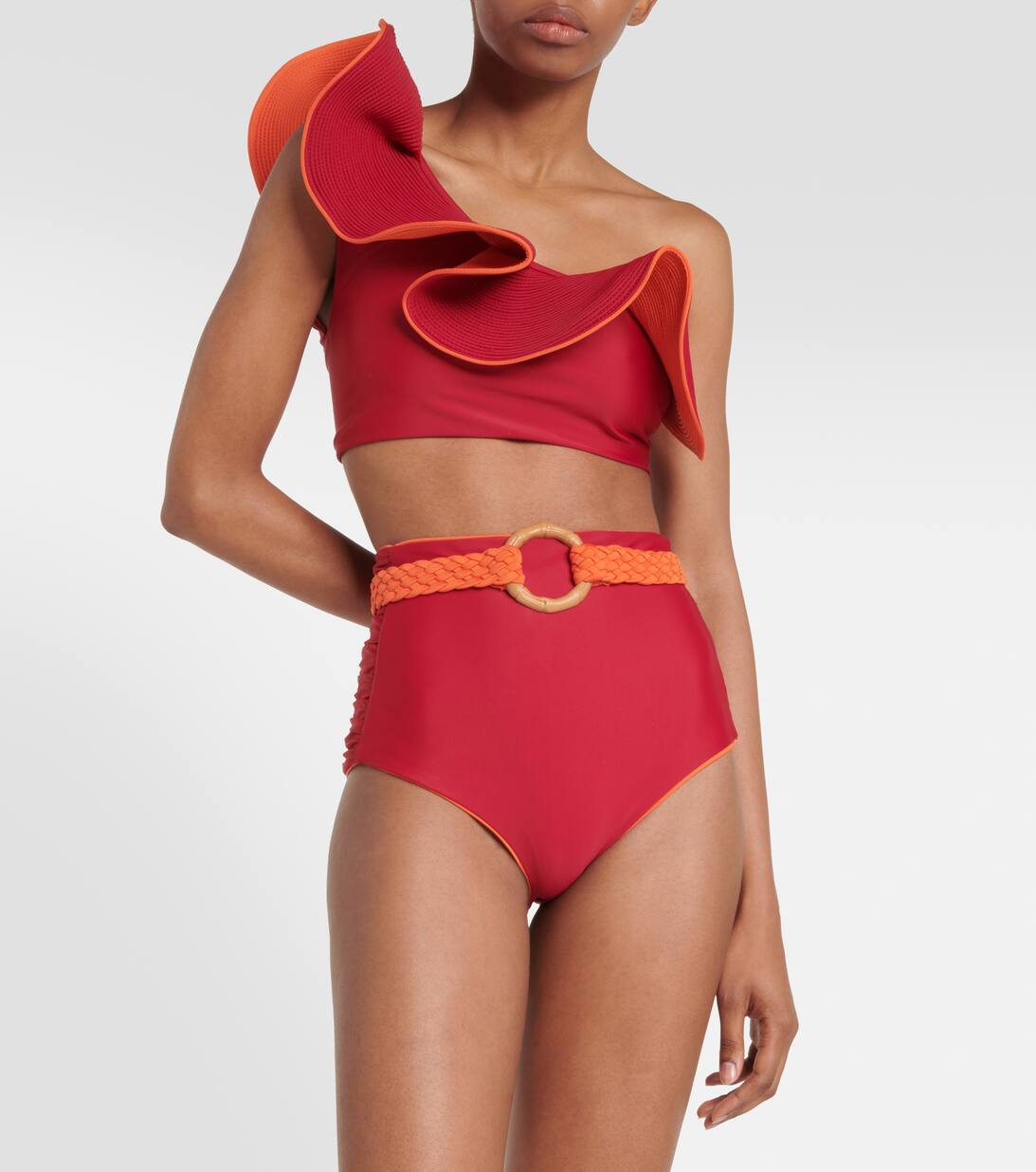 Ruffle Trimmed Bikini Top In Red and Tangelo Cumbi Bikini Bottoms In Red from Johanna Ortiz