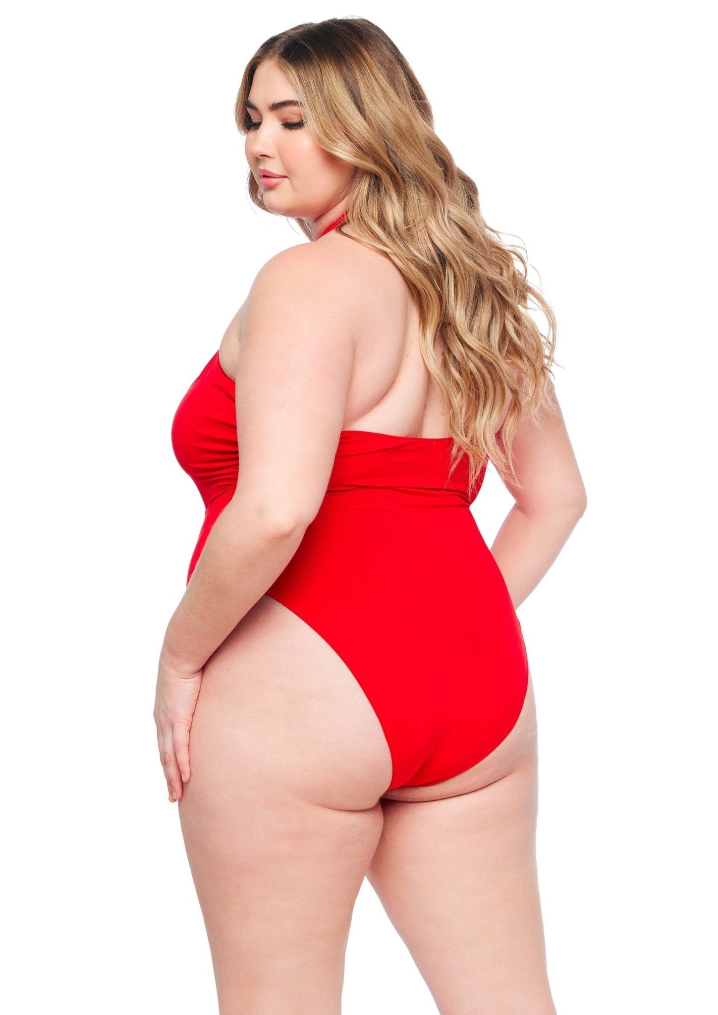 JMP The Label Santorini One Piece in red, alternate strap styling option, studio