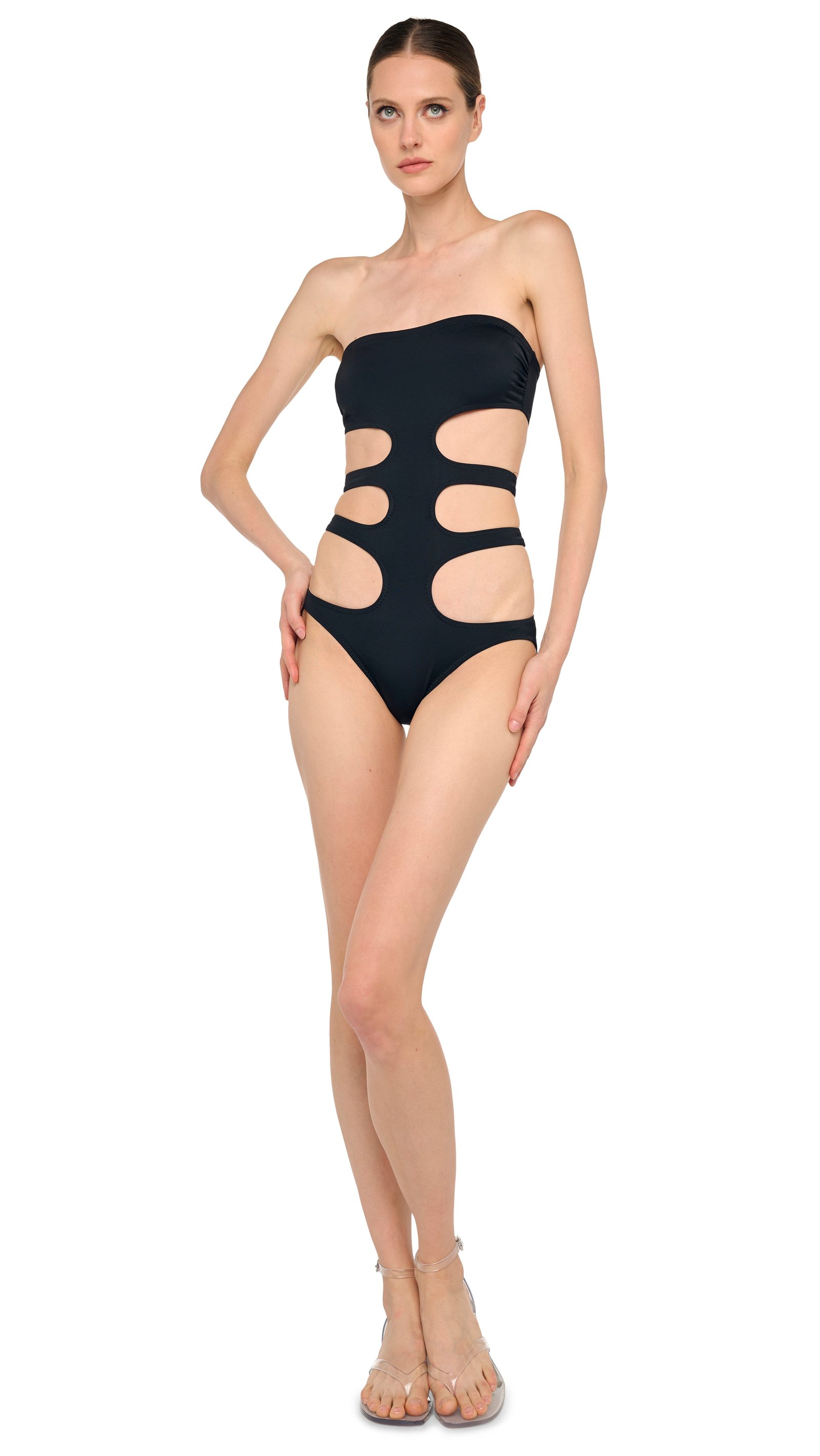 Norma Kamali Triple E Mio in black, on-model full-length studio shot