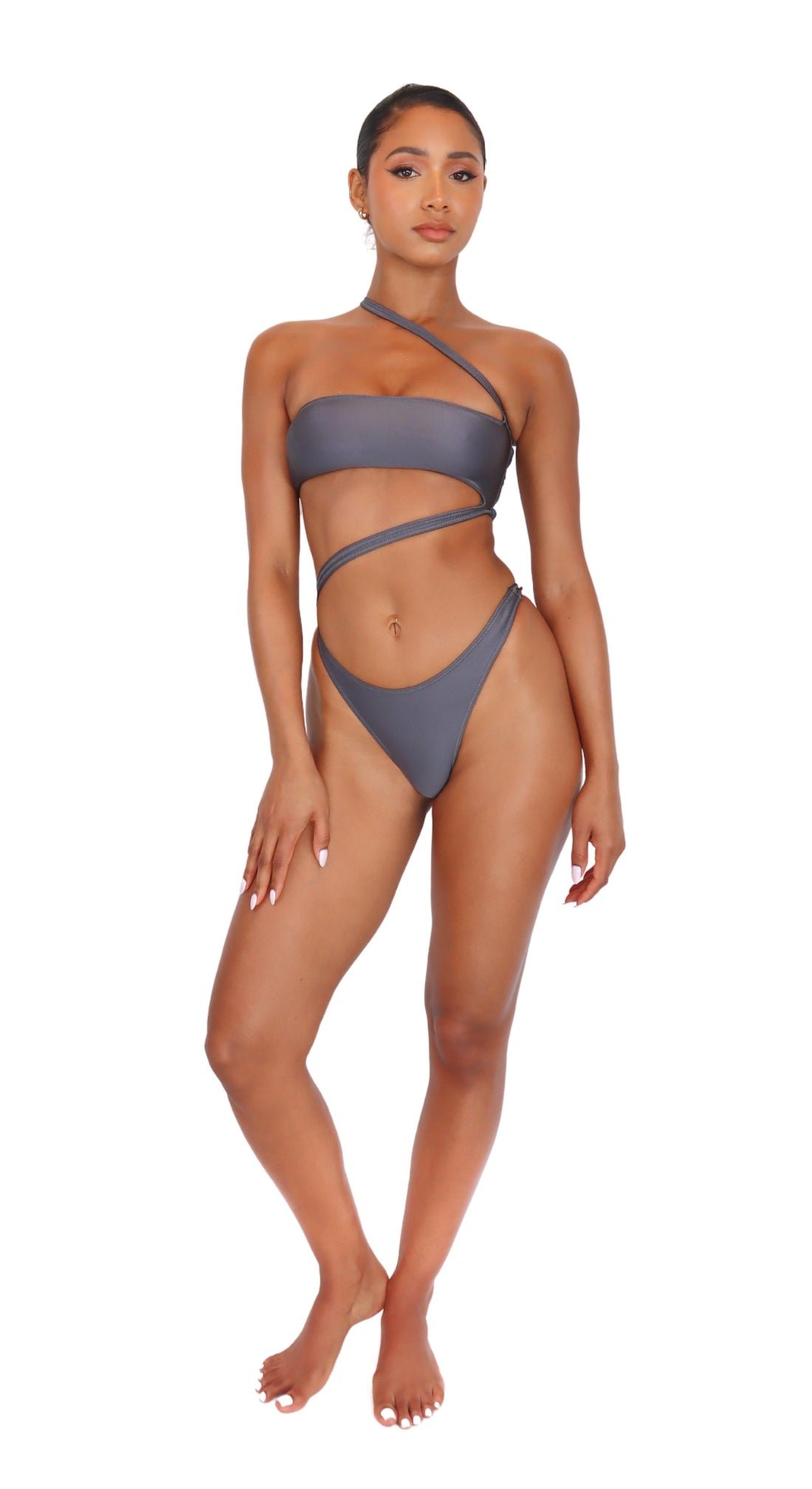 Melissa Simone Zara One Piece in metallic Titanium, one-shoulder zigzag silhouette, studio