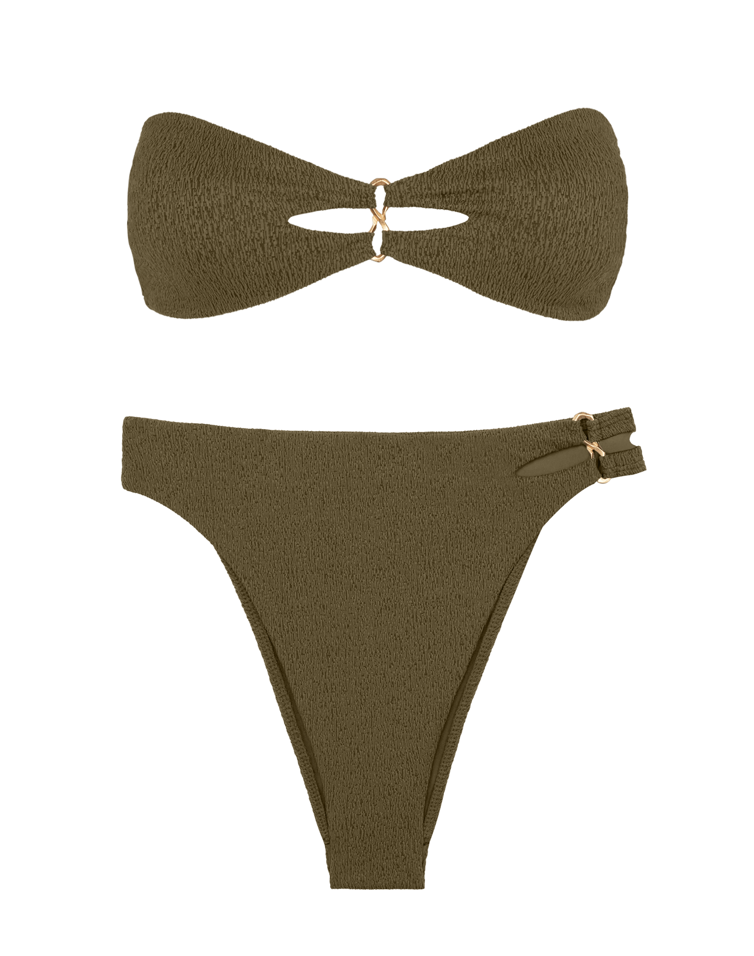 Flat-lay of ViX Firenze Solaro evergreen bandeau top and hot-pant high-waist bottom shown together