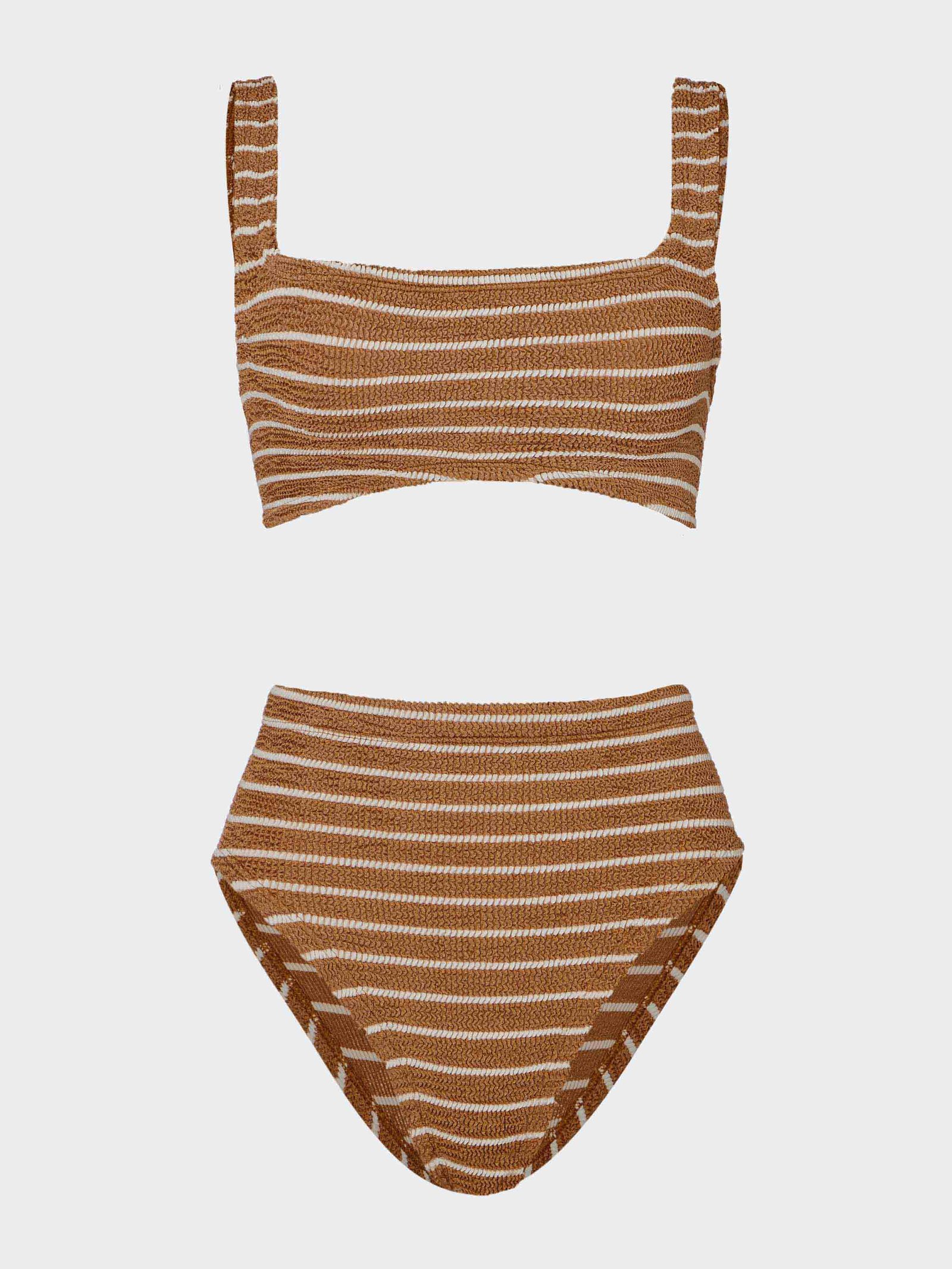 Flat lay of the Patricia bikini by Hunza G, square-neck top and high-waisted bottom in cocoa stripe