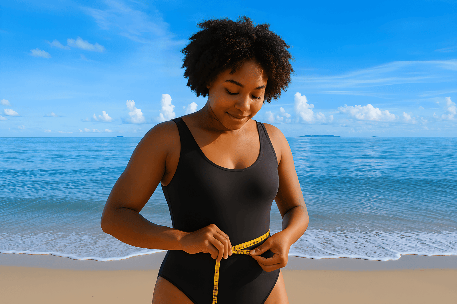 A woman in a black swimsuit measuring her waist