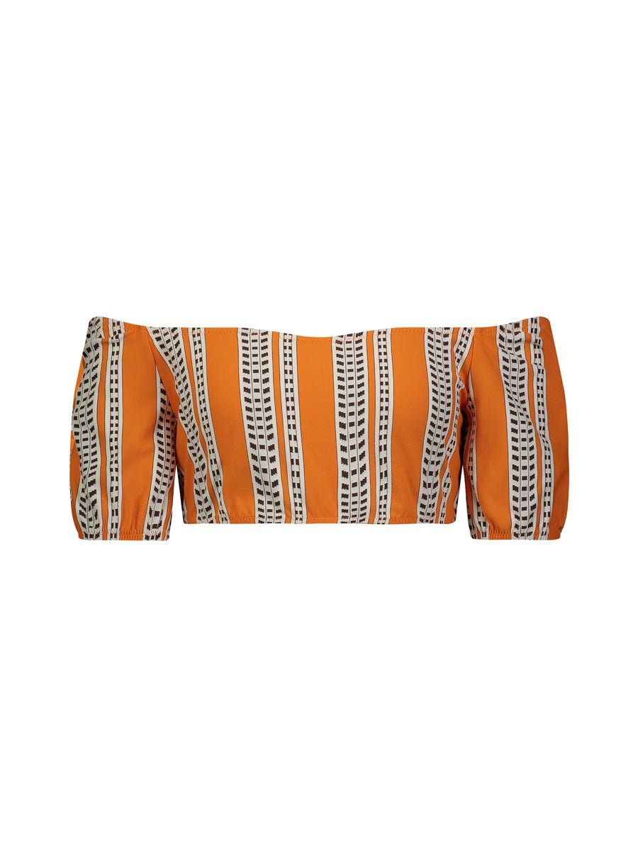Amira Pouf Top in orange with white and brown woven stripes, off-shoulder puff sleeves