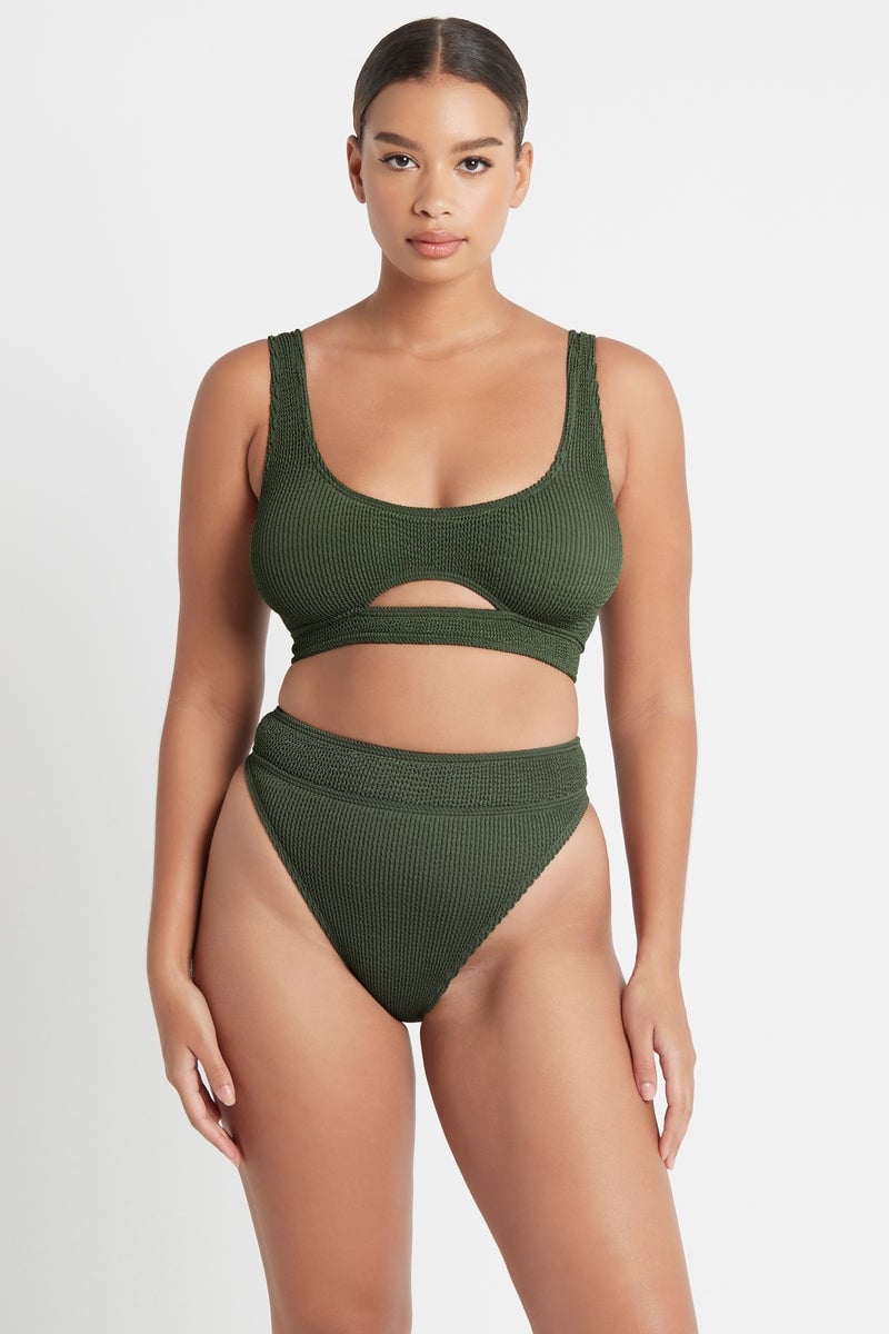Sasha Crop Eco and Savannah Brief Eco in khaki, front view on a model in the studio