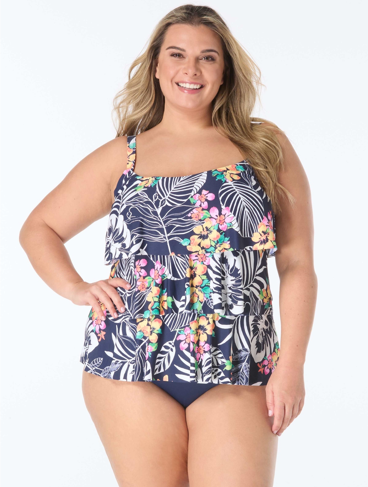 Beach House Plus Jane Ruffle Tiered Tankini Top - Indigo Jungle Jersey and Beach House Plus Size Chloe High Waist Bikini Bottom - Beach Solids by Beach House