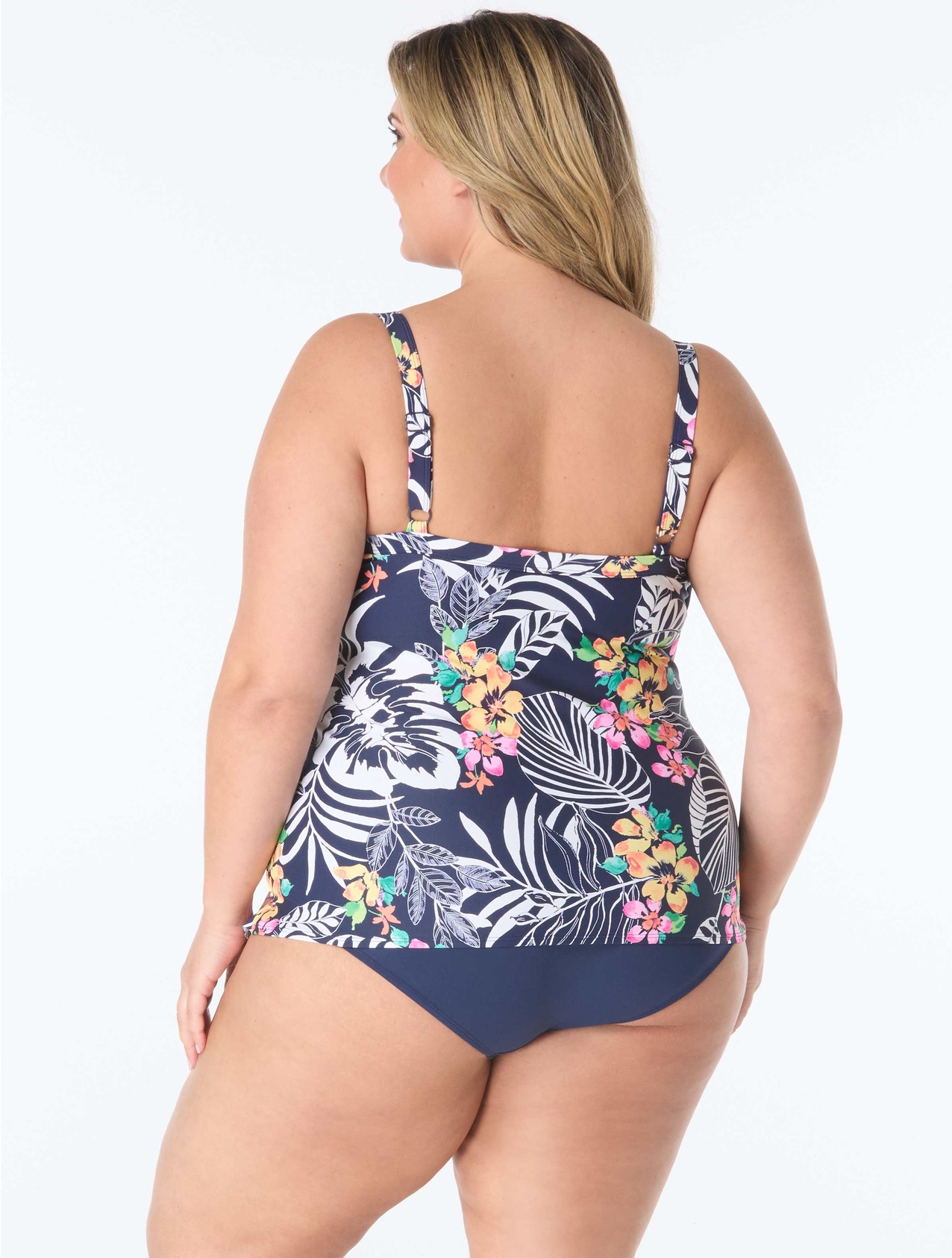 Beach House Plus Jane Ruffle Tiered Tankini Top - Indigo Jungle Jersey and Beach House Plus Size Chloe High Waist Bikini Bottom - Beach Solids by Beach House