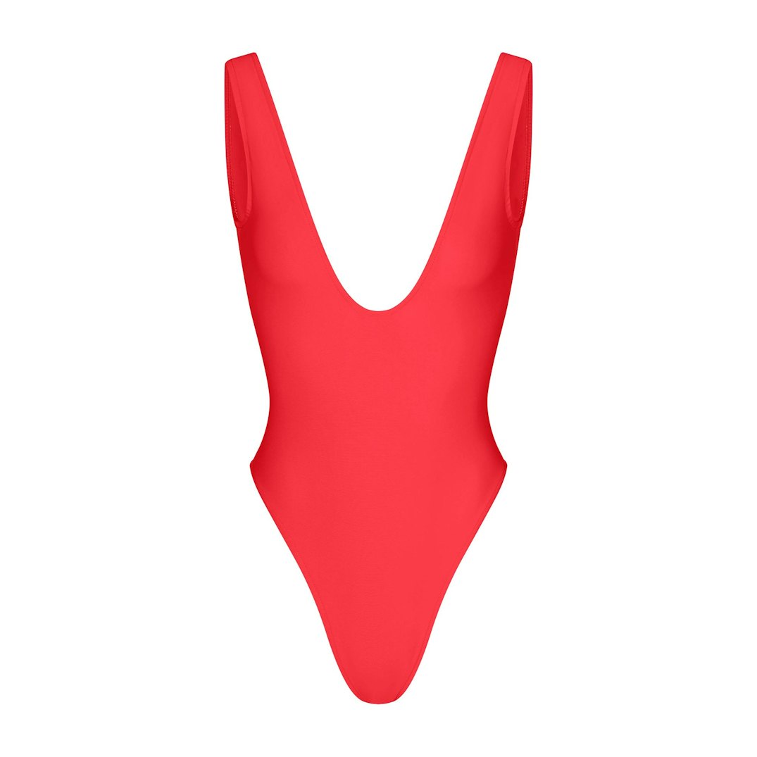Plunge One Piece in bright red, flat on white