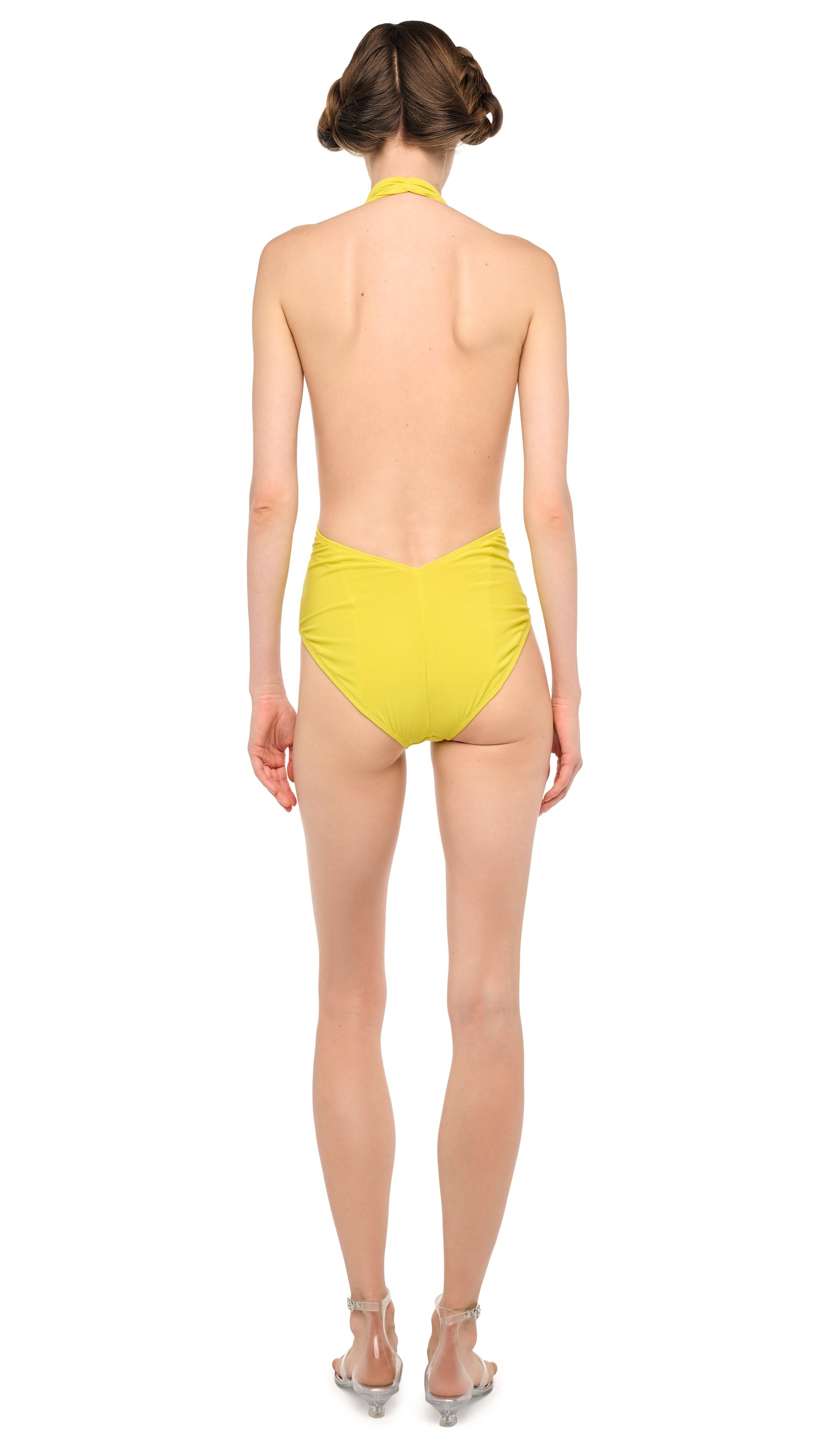 Wonderwoman Halter Mio in chartreuse, back view: bare back down to the waist