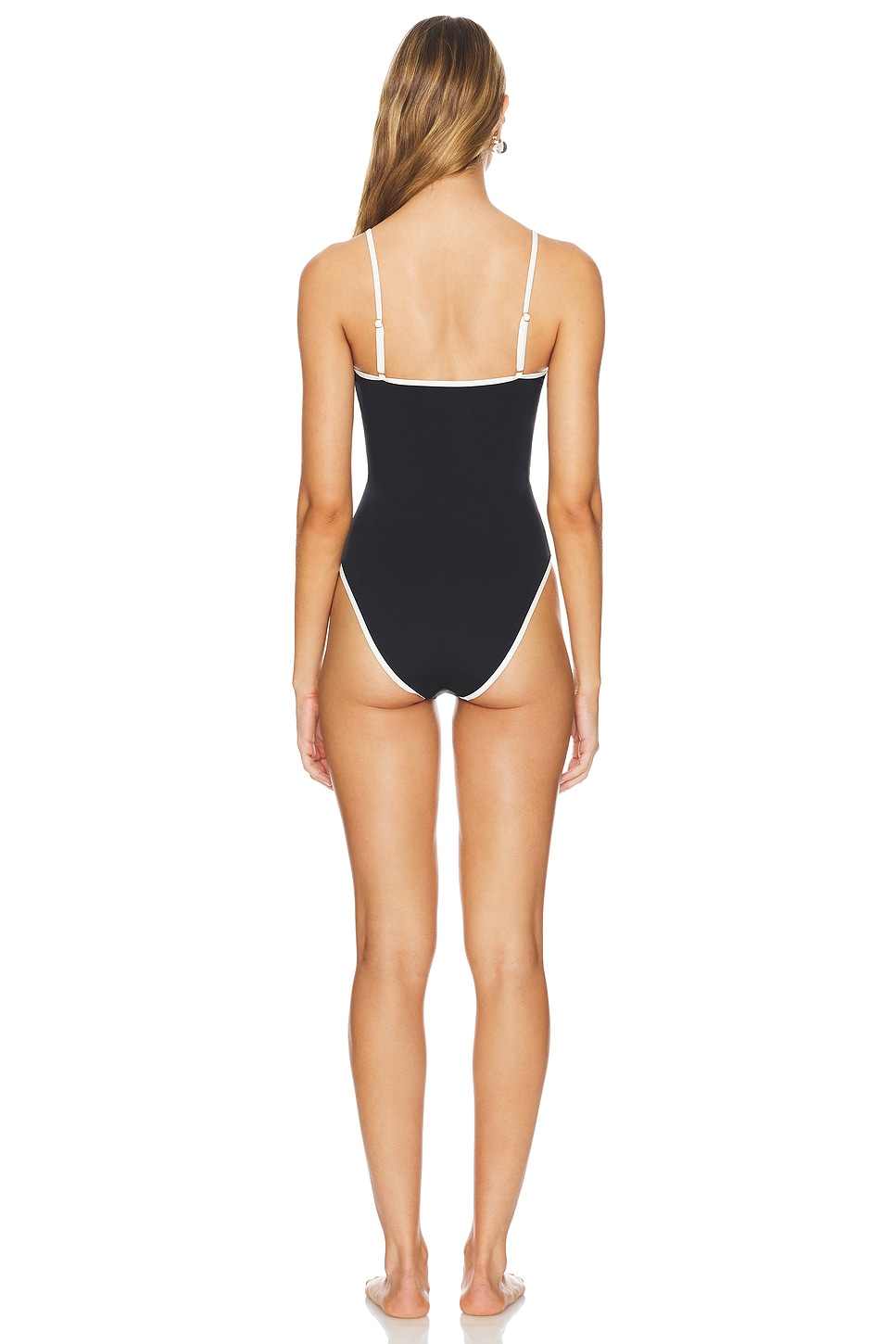 Strapless One Piece in black with cream piping, back view
