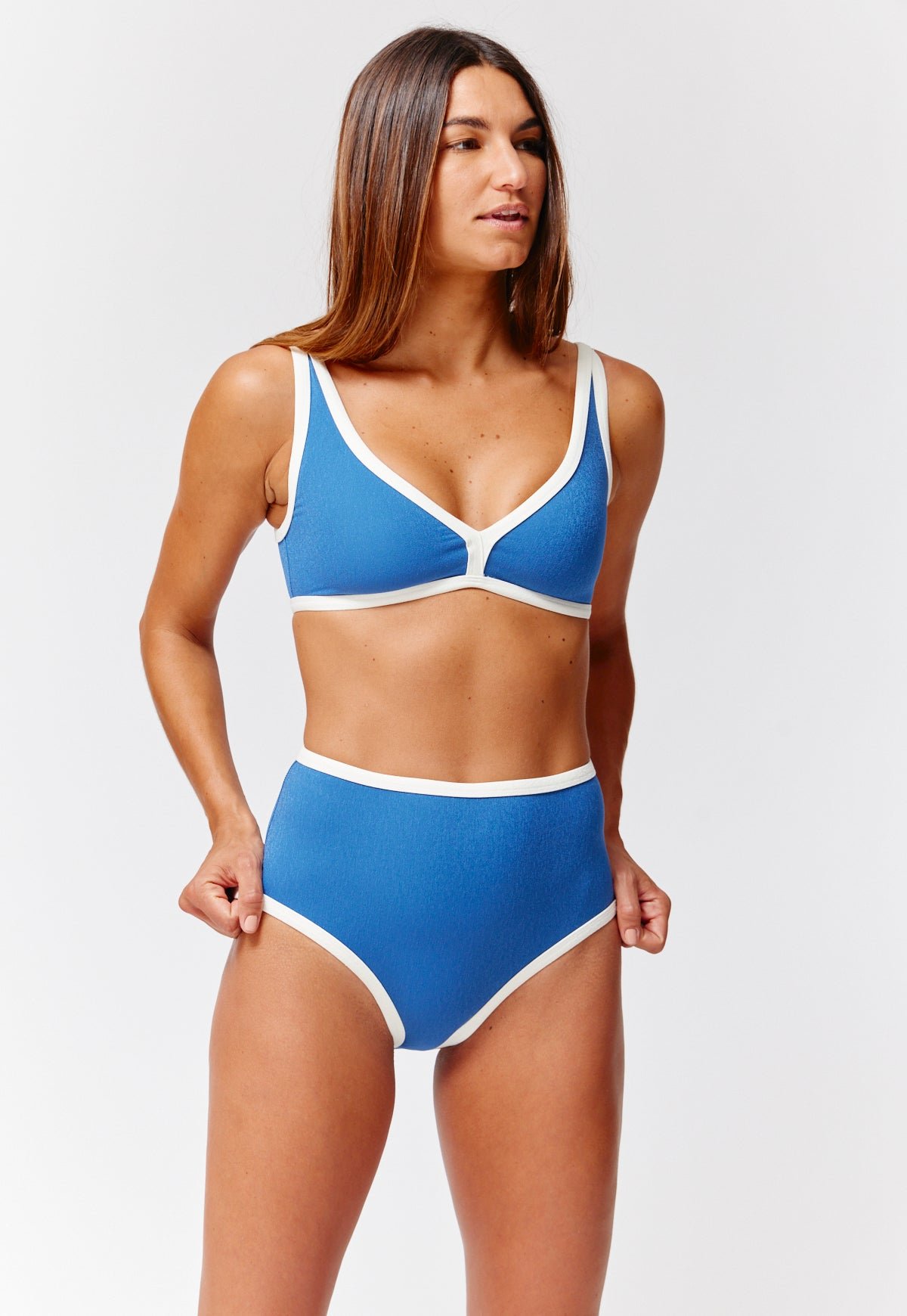 the maria high-waist bikini in navy and cream crepe by lisa marie fernandez